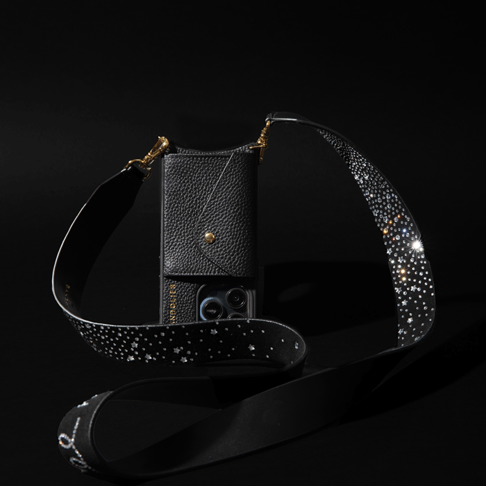 Alanis Rhinestone Side Slot Leather Crossbody Bag - Black/Gold | Stylish & Elegant Purse for Women | Perfect for Parties, Weddings & Evening Events