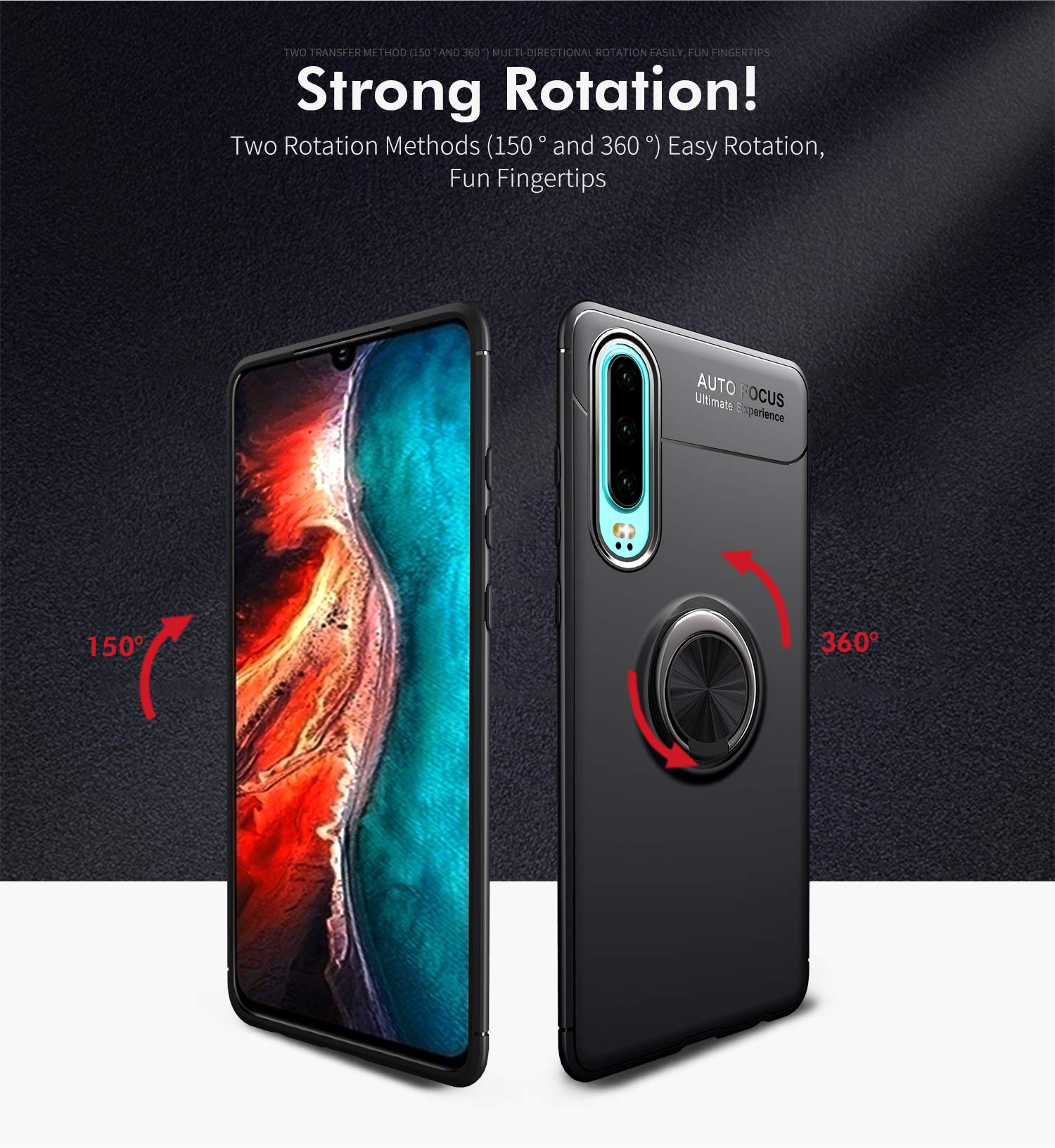 iCoverCase Compatible with Huawei P30 Case with Rotatable Metal Ring Holder & Kickstand - Shockproof Anti-Scratch Ultra-Slim Protective Cover (Blue+Black) | Works with Magnetic Car Mount | Perfect for Driving, Travel & Daily Use