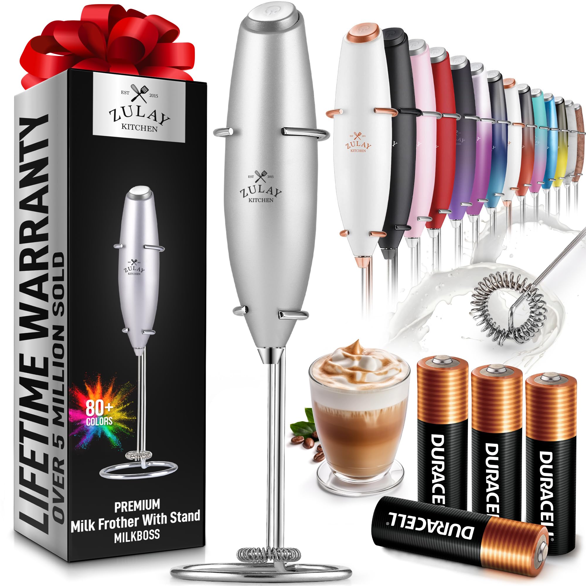 Zulay Powerful Milk Frother Handheld Electric Whisk - 4 Duracell Batteries Included - Silver Milk Foamer for Cappuccino, Latte, Frappe, Matcha & Hot Chocolate - Perfect for Coffee Shops, Home Kitchen & Office Use