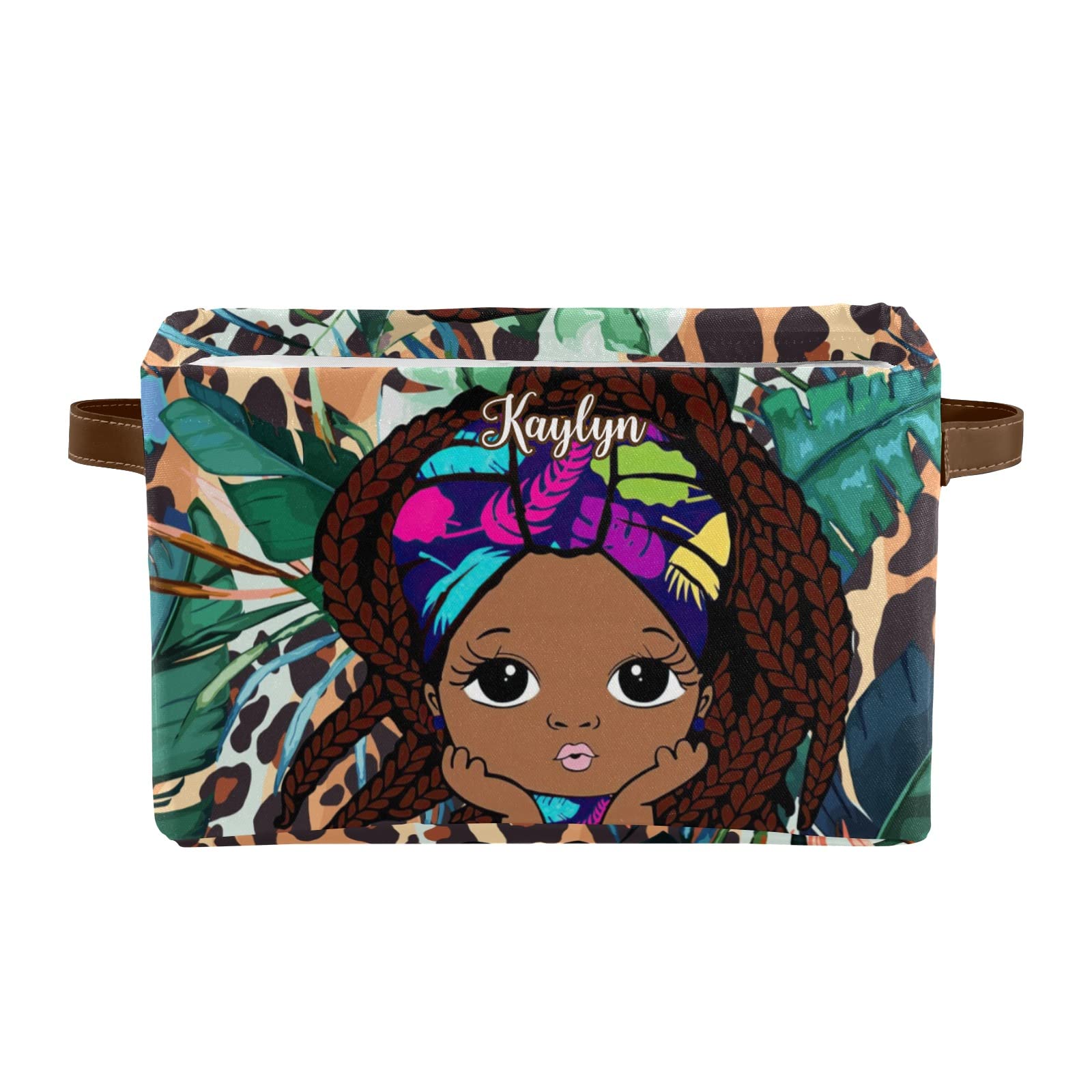 Afro Girl Leopard Print Personalized Storage Bins - Durable Cube Organizer with Handles for Shelves, Wardrobe, Nursery & Toy Organization (1-Pack) - Perfect for Kids' Room Decor & Clutter Control