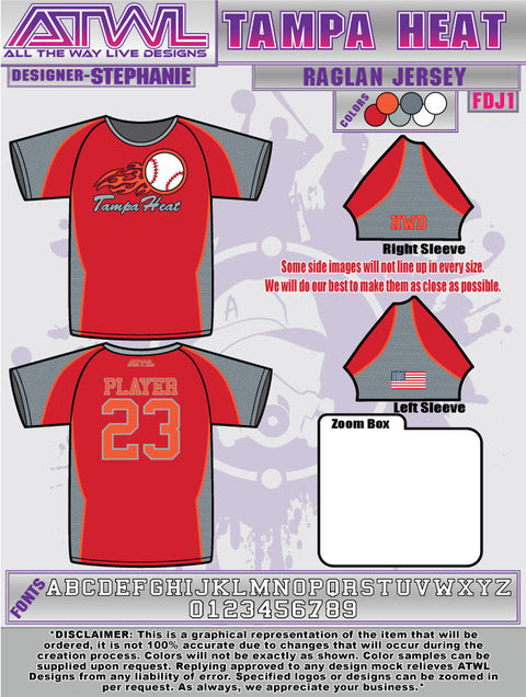 Tampa Heat Full Dye Raglan Jersey - Premium Baseball Performance Shirt for Men & Women - Perfect for Games, Practice & Fan Apparel
