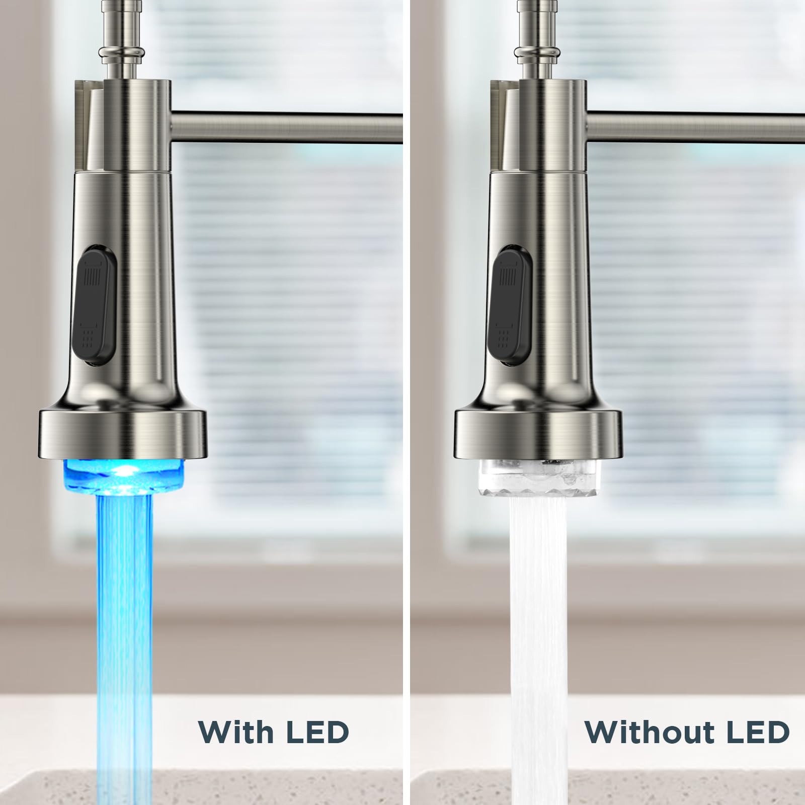 FORIOUS Brushed Nickel LED Kitchen Faucet - Modern Single Handle Pull Down Sprayer Stainless Steel Sink Faucet with Commercial Spring & Touchless Light | Perfect for Farmhouse, RV Camper, Laundry Room & Commercial Kitchens