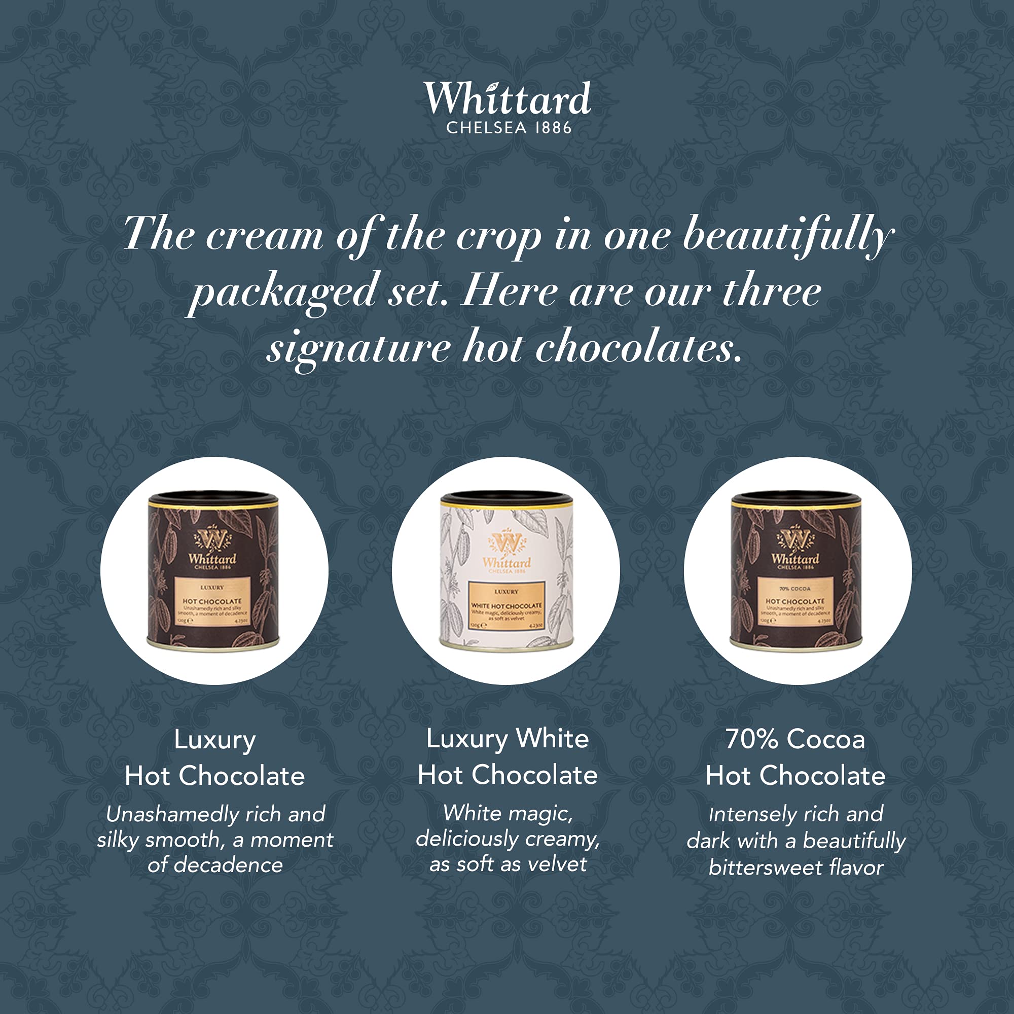 Whittard of Chelsea Premium Hot Chocolate Mix - Gourmet Milk, Dark & White Chocolate Cocoa Powder for Baking & Desserts, Vegetarian-Friendly (3 Flavors, 1 Count) - Perfect for Cozy Nights, Holiday Gifts & Hot Cocoa Bars