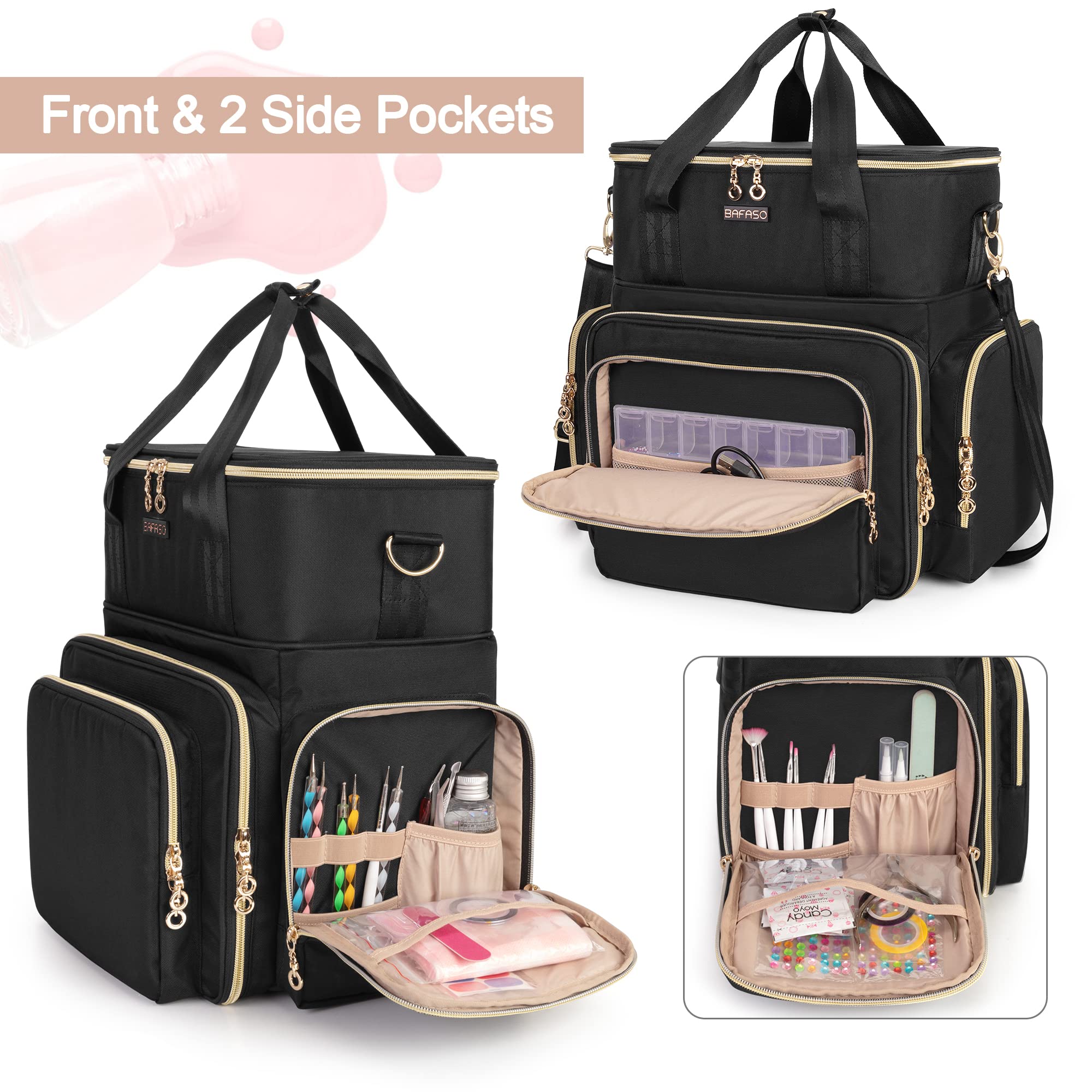 BAFASO Double Layer Nail Polish Organizer Case - Holds 70 Bottles (15ml/0.5oz) with Nail Dryer, 2 Removable Pouches & Tools Storage - Portable Nail Art Storage for Salon, Home & Travel - Black (Patented Design)