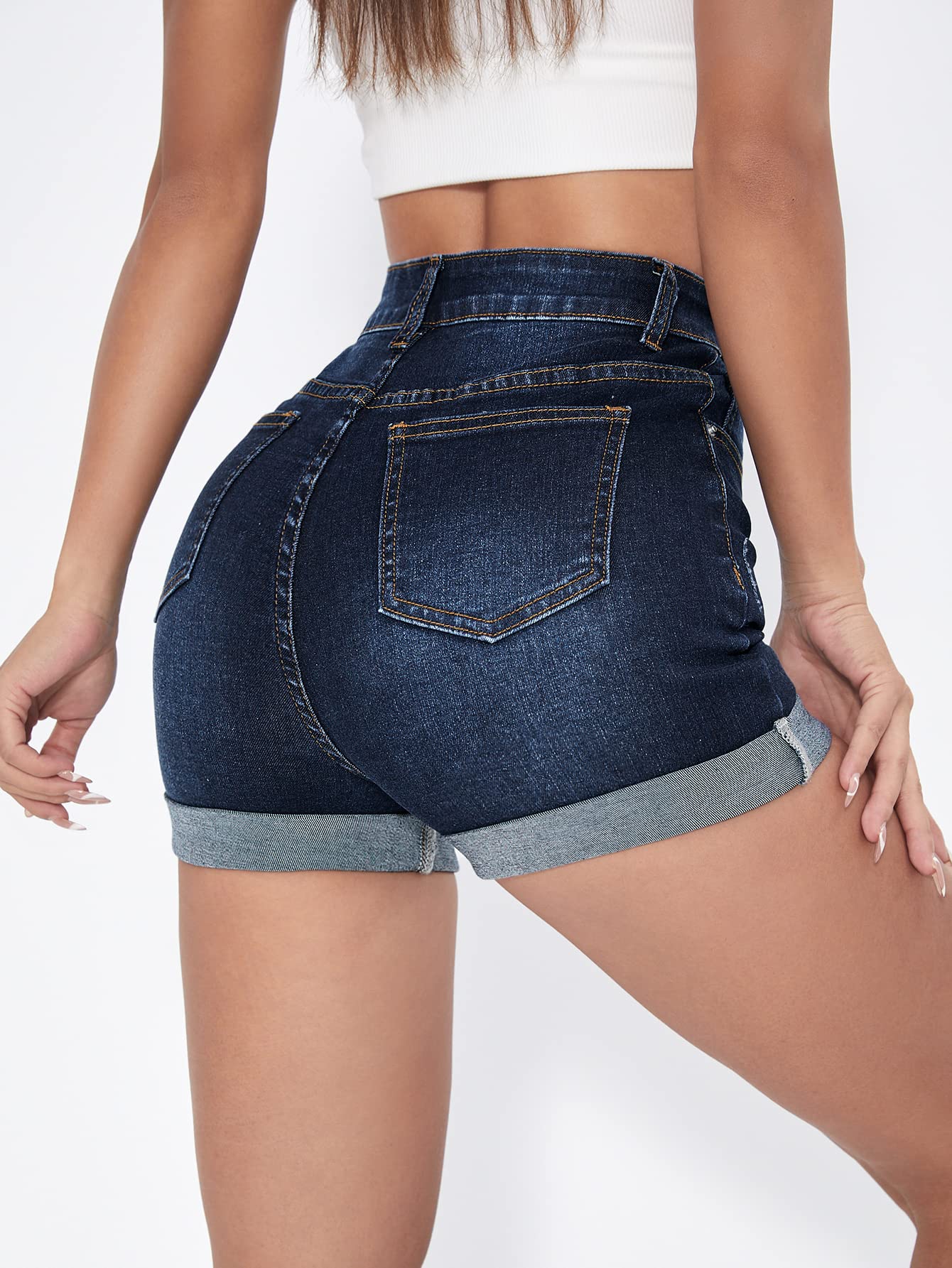 Floerns Women's Stretchy High Waisted Folded Hem Denim Shorts | Comfortable Distressed Denim Shorts for Women | Perfect for Summer, Beach, and Casual Outings