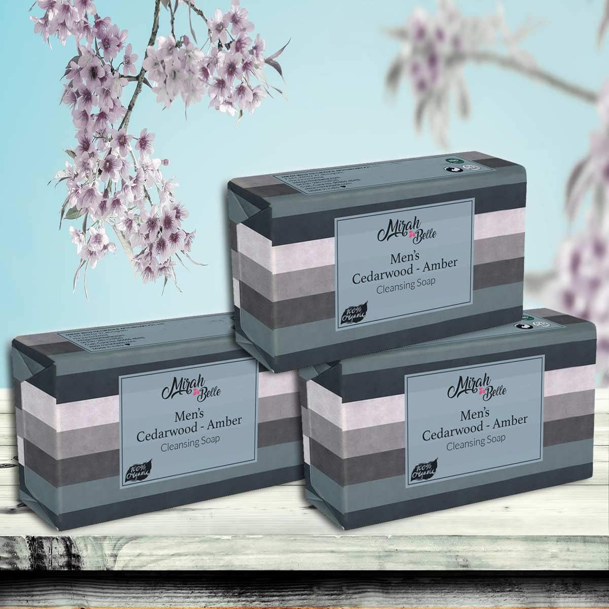 Mirah Belle Men's Soap Bar - Cedarwood & Amber Scent (Pack of 3, 125g Each) - Best for Acne Prone, Blemished & Oily Skin - Natural Face & Body Cleanser - 375g Total - Perfect for Shower, Gym & Travel Use