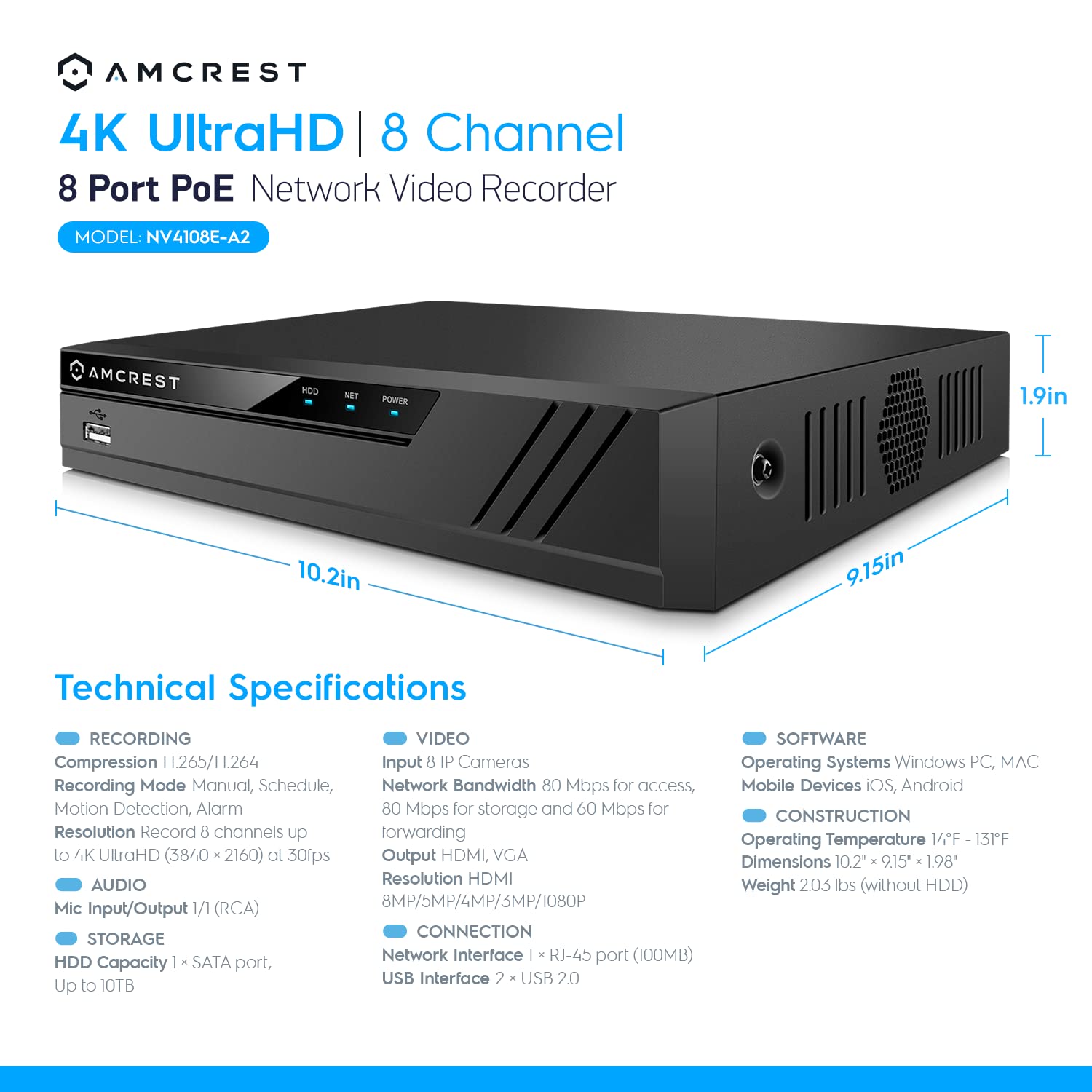 Amcrest NV4108E-A2 8CH 4K POE NVR Security System - 8MP/4K IP Camera Support, 10TB HDD Capacity (HDD Not Included) | Home & Business Surveillance Solution