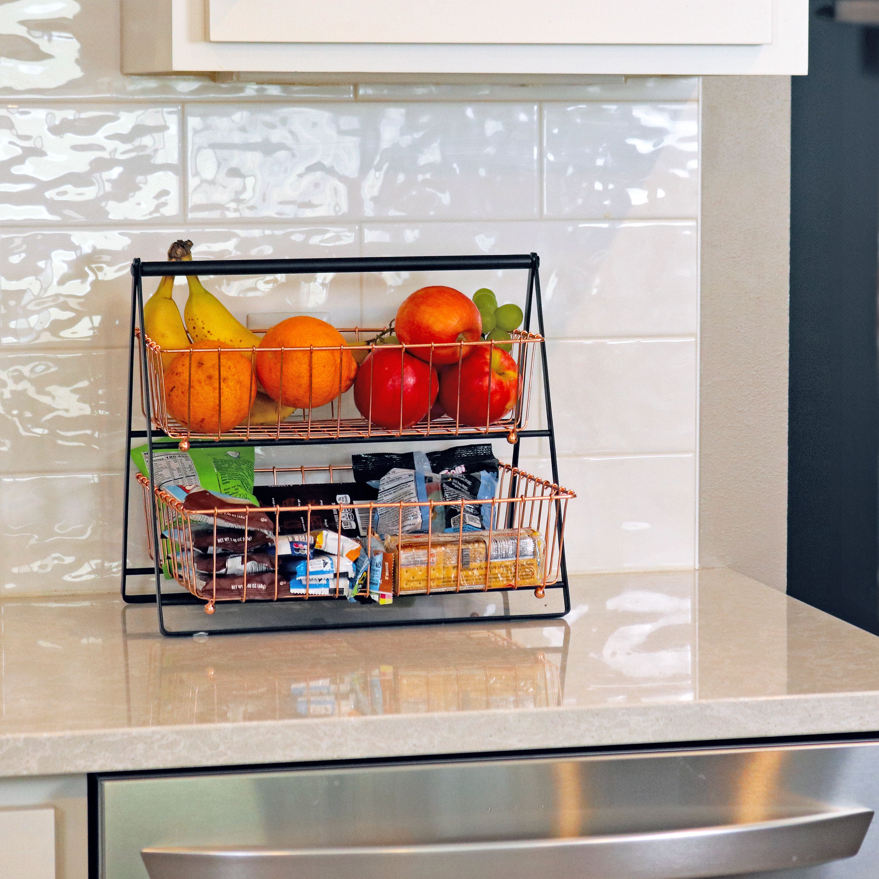 Sunnydaze 2 Tier Metal Fruit Basket with Handle - Rustic Copper Countertop Organizer for Kitchen, Dining Table, or Pantry Storage