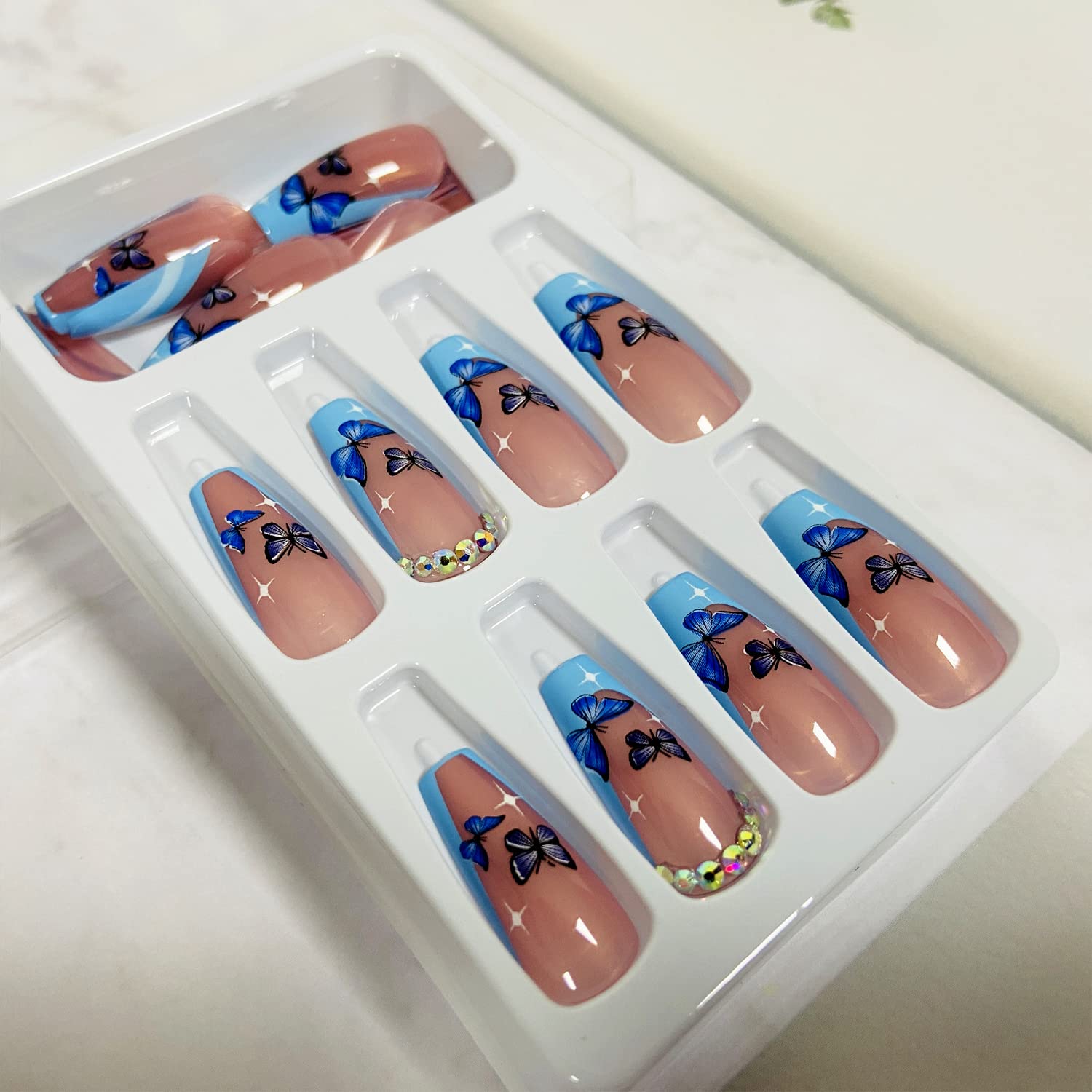 Elegant Blue French Tip Press on Nails with Butterfly Rhinestones - Medium Length Fake Nails, 24PCS Full Cover Glue on Acrylic Artificial Nails - Perfect for Parties, Weddings, and Special Occasions