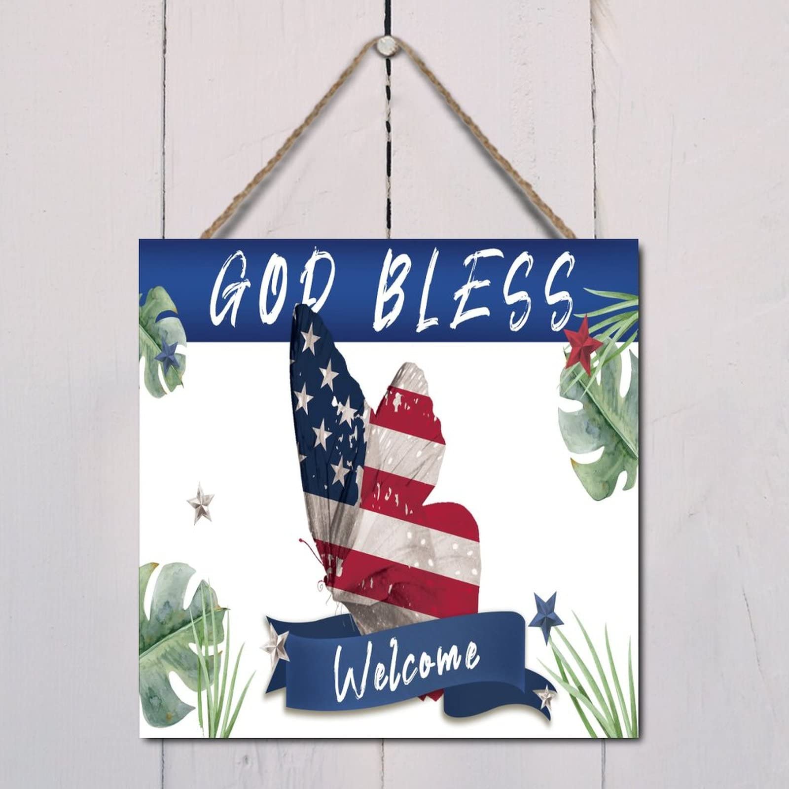 American Flag Wooden Plaque - Patriotic Butterfly Decor with 'God Bless America' Engraving | Rustic Farmhouse Wall Art, 4th of July Independence Day Gift | Perfect for Front Door Decor, Country Home, Barn Accent & Patriotic Holiday Displays