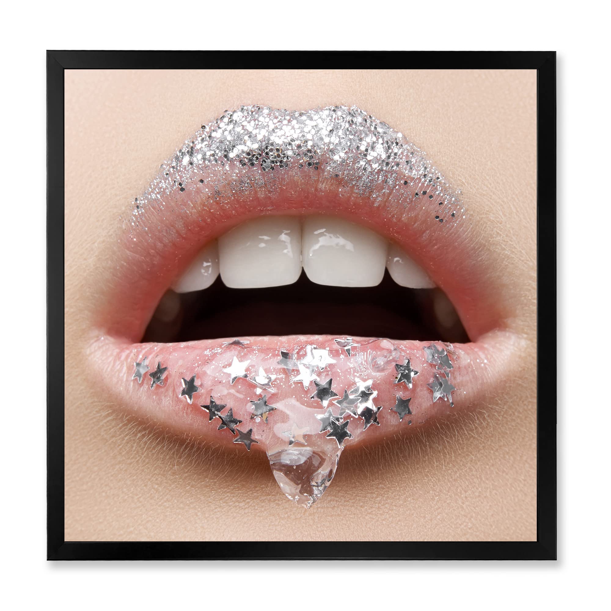 DesignQ Modern Framed Wall Art - Female Lips with Gel & Stars - Perfect for Living Room, Bedroom, or Office Decor