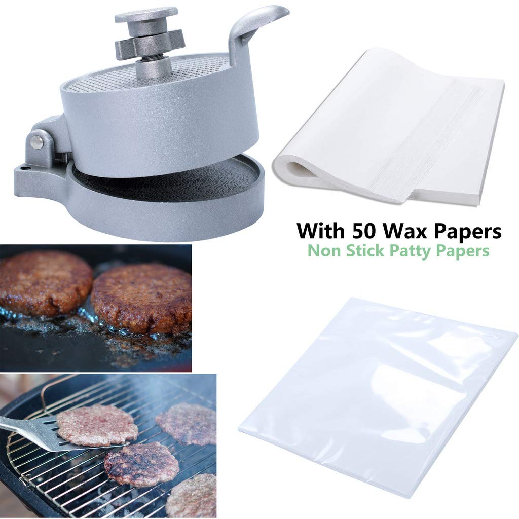 **Stainless Steel Burger Press with 50 Non-Stick Patty Papers - Adjustable Hamburger Maker for 1/4LB to 3/4LB Patties (4.5
