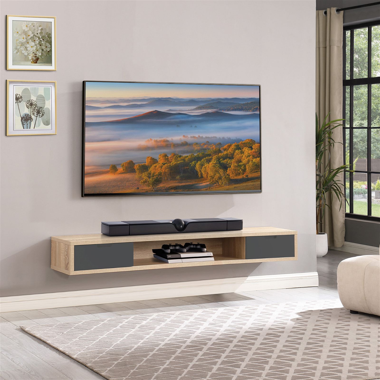 Wall Mounted Oak TV Stand with Grey Drawers - 1800mm Modern Entertainment Center for Living Room by Criterion | Perfect for Home Theater Setup & Media Storage