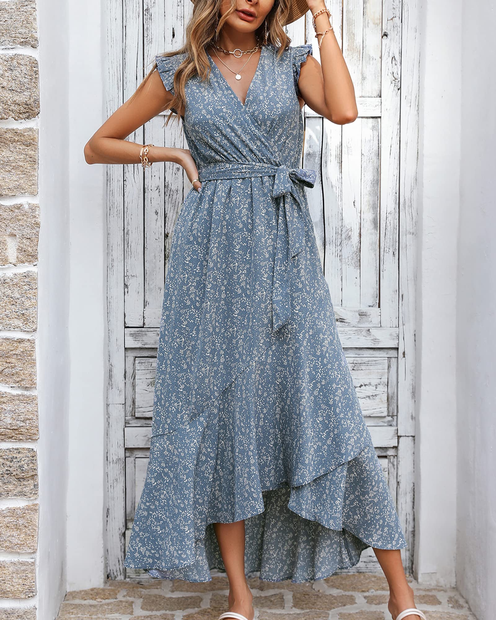 BTFBM Women's Floral Maxi Dress 2025 - Ruffle Sleeve V-Neck Wrap Dress with Belt for Spring/Summer, Beach Vacation, Wedding Guest & Special Occasions | Perfect for Outdoor Parties, Date Nights & Tropical Getaways