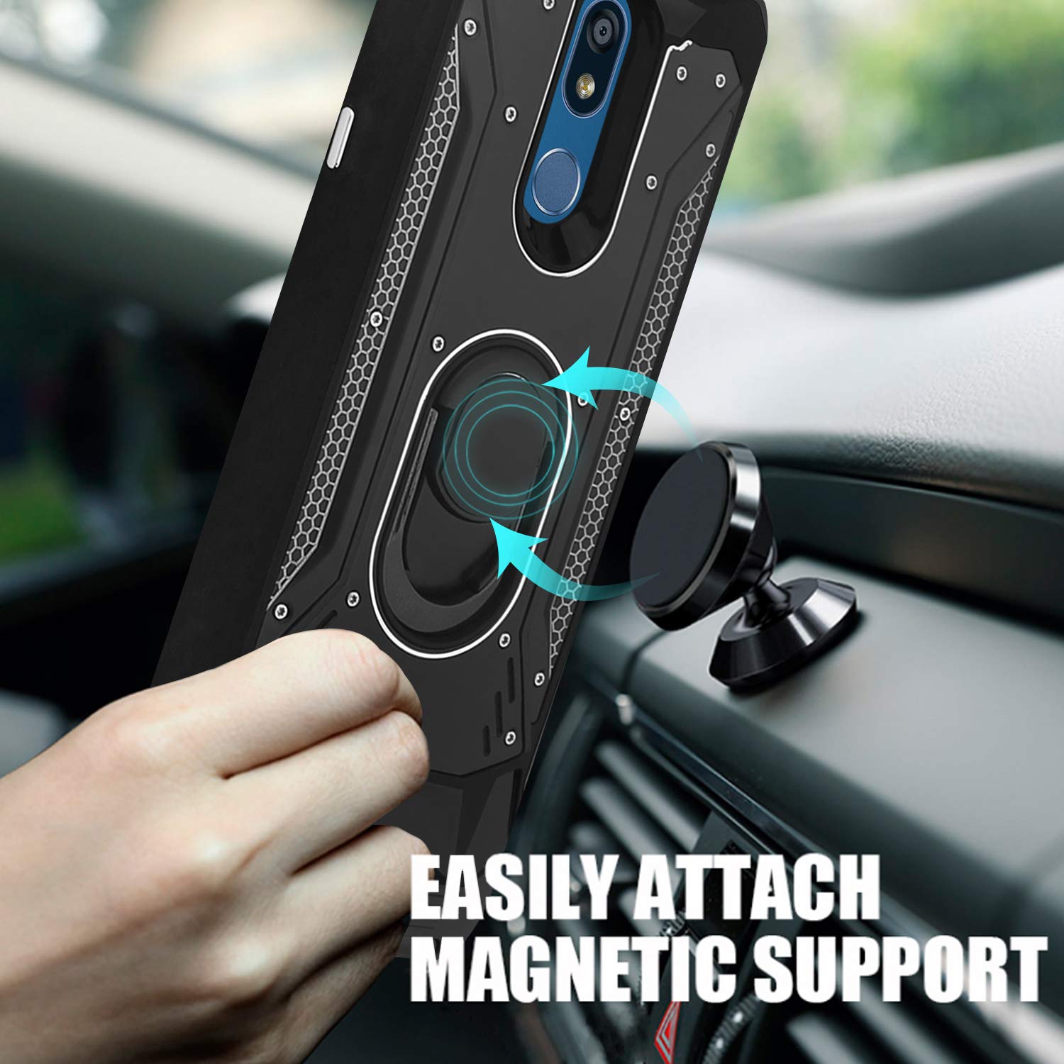Premium Magnetic Phone Case for LG K40/K12 Plus/X4/Solo LTE/Harmony 3/Xpression Plus 2 - Shockproof Protective Cover with Tempered Glass Screen Protector & Aluminum Ring - Built-in Metal Plate for Car Mount (Red) - Perfect for Driving, Work & Outdoor Activities