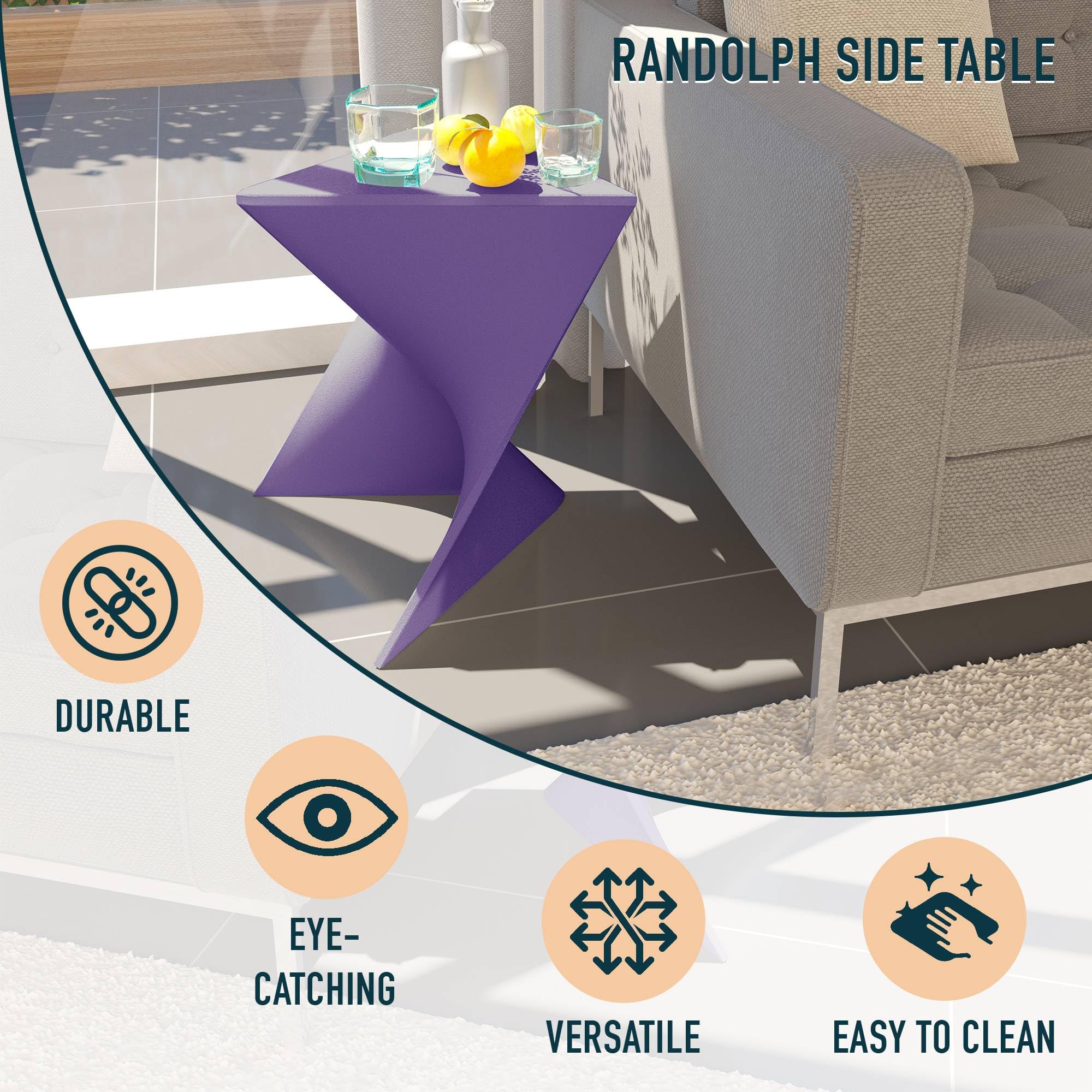 Modern Purple Accent End Table - LeisureMod Randolph Side Vanity Table for Living Room, Bedroom & Office Decor