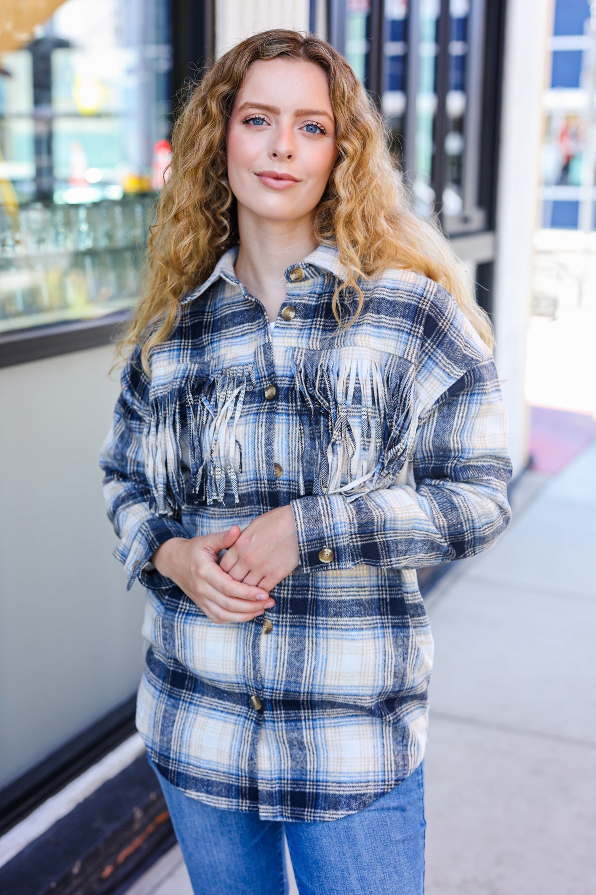 Boldly You Navy Plaid Fringe Button Down Shacket - Stylish Overshirt for Women | Fall & Winter Layering Essential | Perfect for Casual Outings, Workwear & Outdoor Adventures