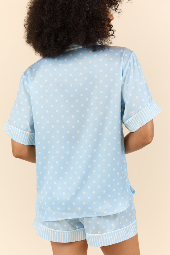 Blue Polka Dot Satin Pajama Top for Women - Soft Sleepwear & Loungewear - Comfortable Night Shirt for Relaxing at Home or Sleepovers