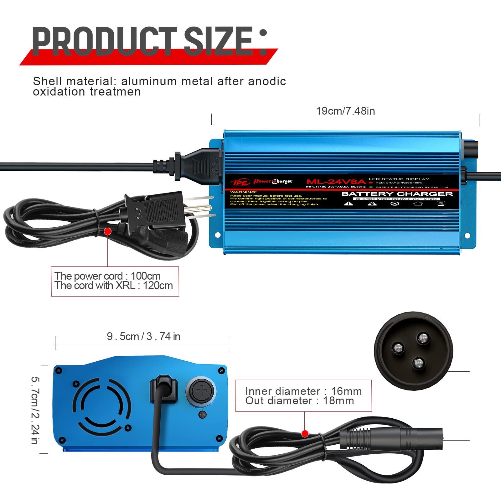 24V 8A Smart Automatic Battery Charger & Maintainer with XLR Connector - Portable Charging for Car, Boat, Lawn Mower, Marine, Wheelchair, Motorcycle, eBike - Ideal for Home, Garage, RV & Outdoor Power Equipment Maintenance