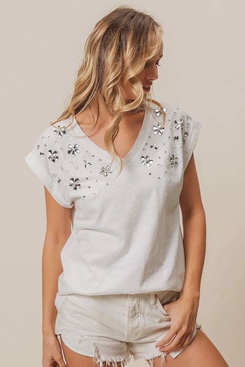 BiBi Slub Jersey Rhinestone V Neck Top - Women's Fashion Blouse for Party & Evening Wear - Elegant & Stylish Casual Outfit