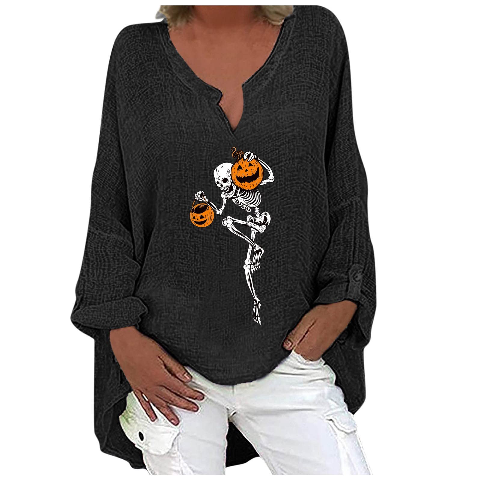 Women's Linen High-Low Blouse - V-Neck Pumpkin Skull Print Long Sleeve T-Shirt | Fall Fashion Tunic for Halloween & Casual Wear | Slim & Loose Fit for Women