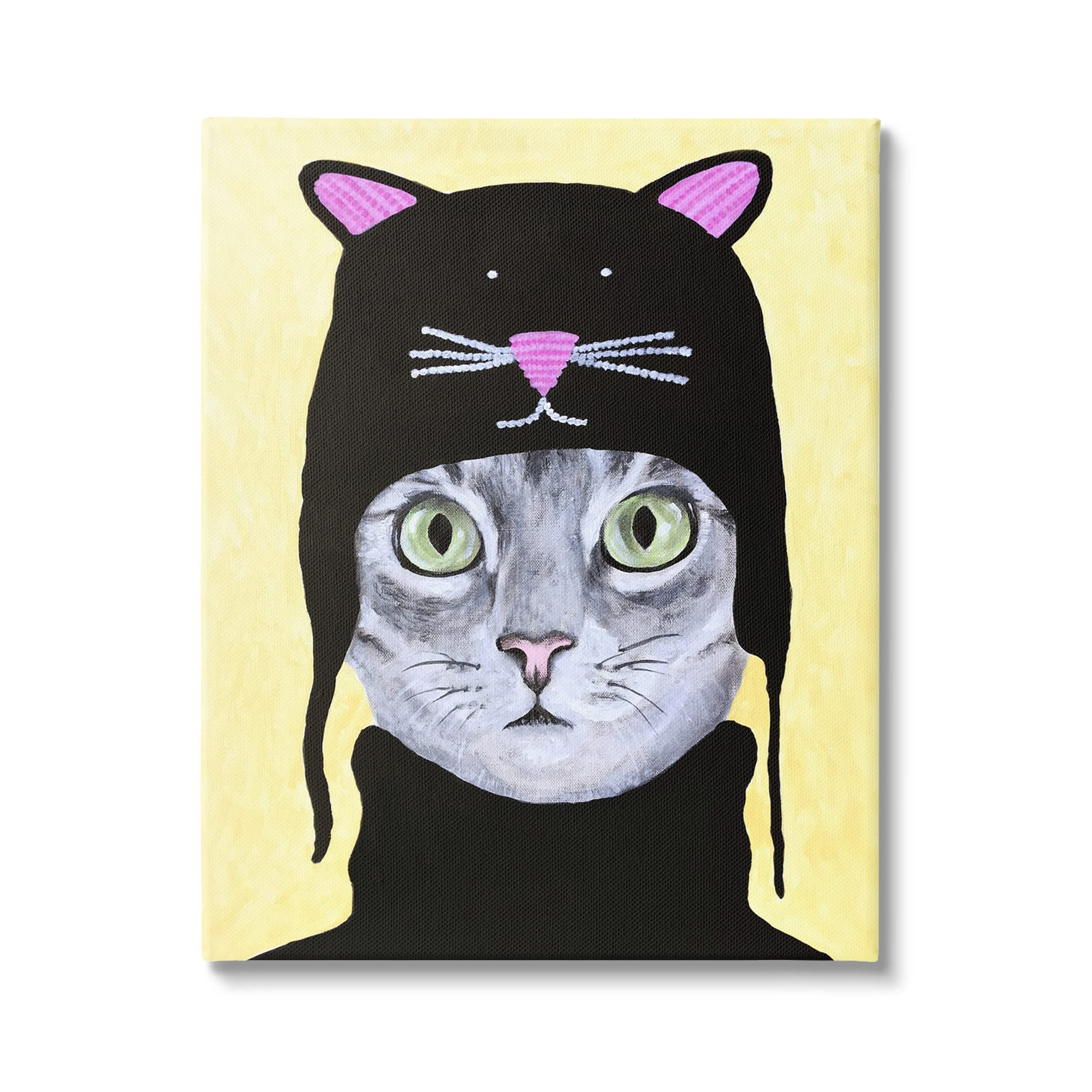Stupell Industries Cute Grey Cat in Hat & Black Turtleneck Art Print - Yellow Background by Coco de Paris - Perfect for Living Room, Bedroom & Office Decor
