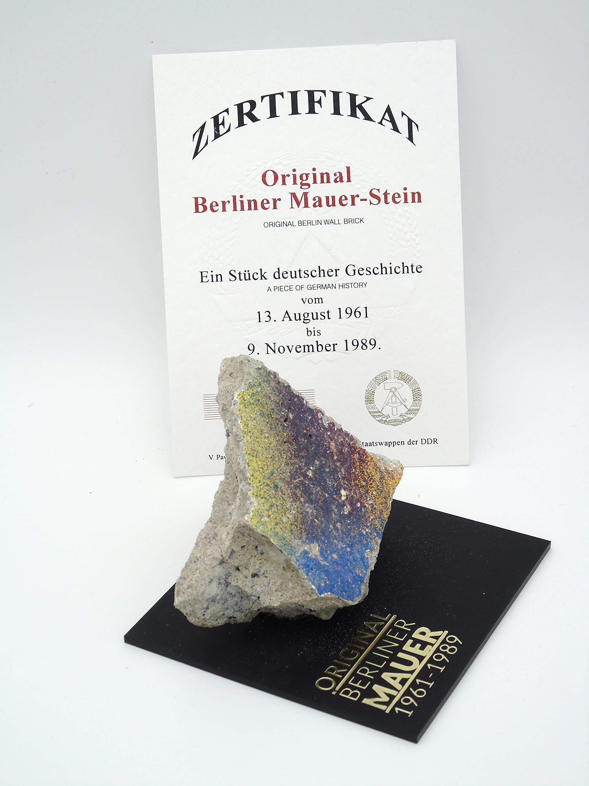 Authentic Piece of Berlin Wall with Certificate of Authenticity (CoA) - Large Fragment on Black Acrylic Base | Cold War Memorabilia, Historical Home Decor, Unique Gift for History Lovers