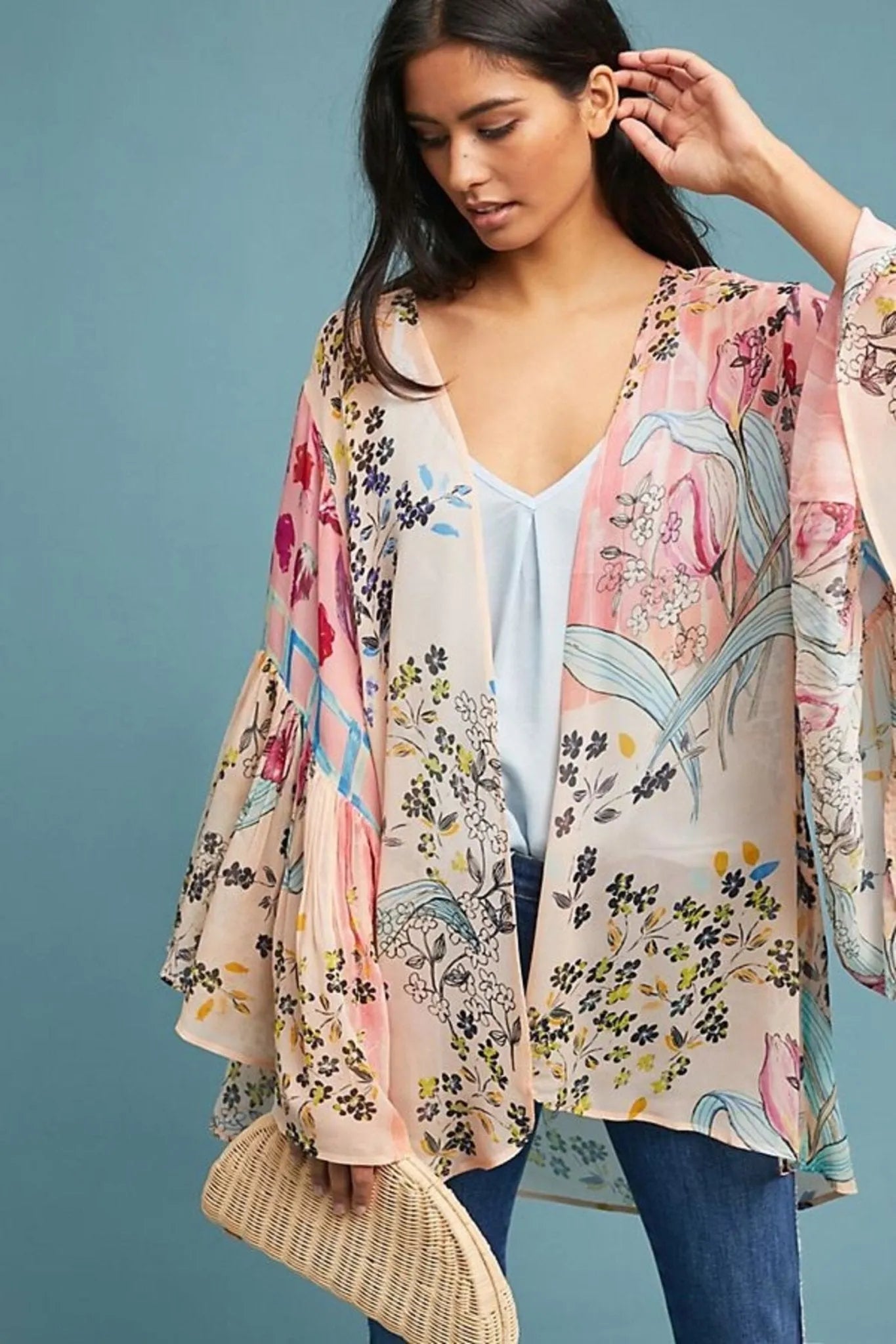 Elegant Floral Print Kimono with Ruffle Sleeves - Boho Chic Cover Up for Beach, Pool, or Summer Outfits