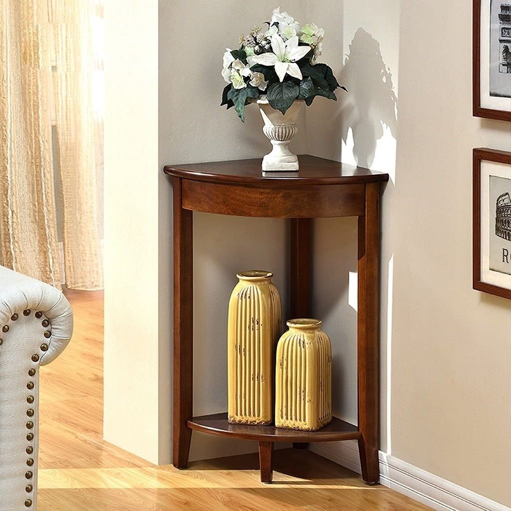 2-Tier Free Standing Wooden Corner Shelf - Small Space Storage Unit for Home, Hallway, or Office - Perfect for Plants, Lamps, Books & Decor (Brown) - Ideal for Apartments, Dorms & Compact Living Spaces