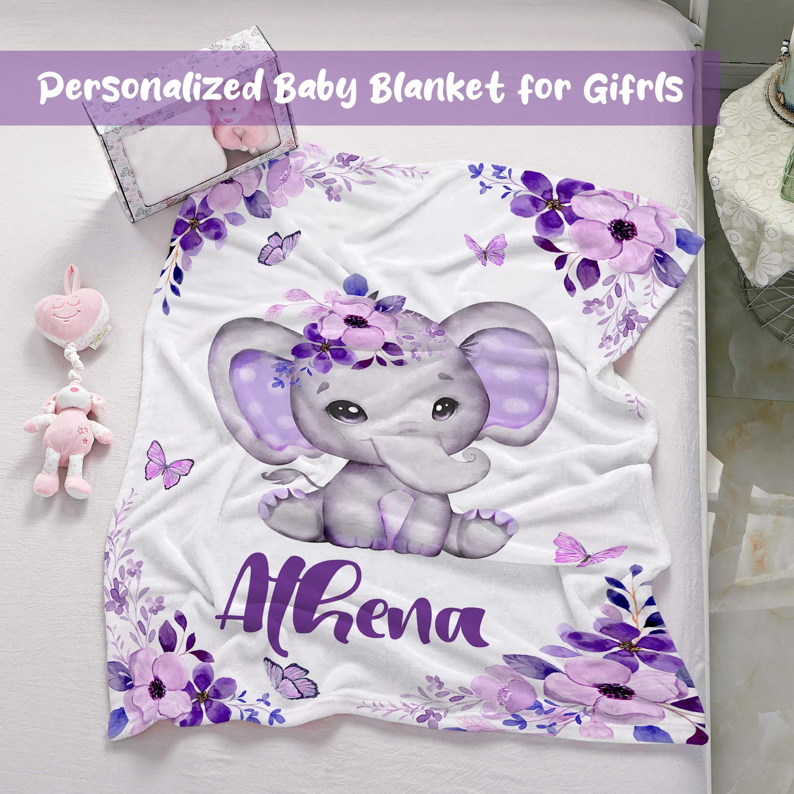 Personalized Baby Blankets for Girls & Boys - Custom Name Baby Blanket | Ultra Soft Elephant Blanket Gift for Newborns, Infants & Kids | Perfect for Nursery, Christening & Birthday Presents