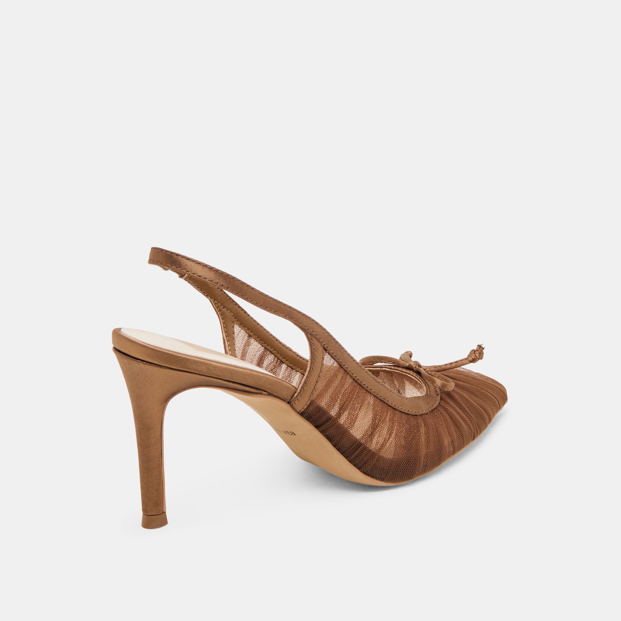 YELA HEELS MID BROWN TULLE - Elegant Women's Mid Heel Sandals with Tulle Detail for Weddings, Parties & Special Occasions