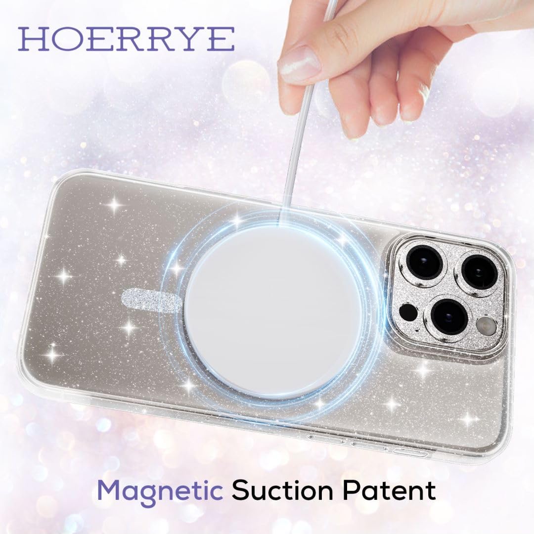 Hoerrye iPhone 15 Pro Max Case for Women - MagSafe Compatible with 2 Tempered Glass & 1 Metal Camera Lens Protector | Clear Glitter Magnetic Protective Cover | Perfect for Everyday Use, Work & Travel