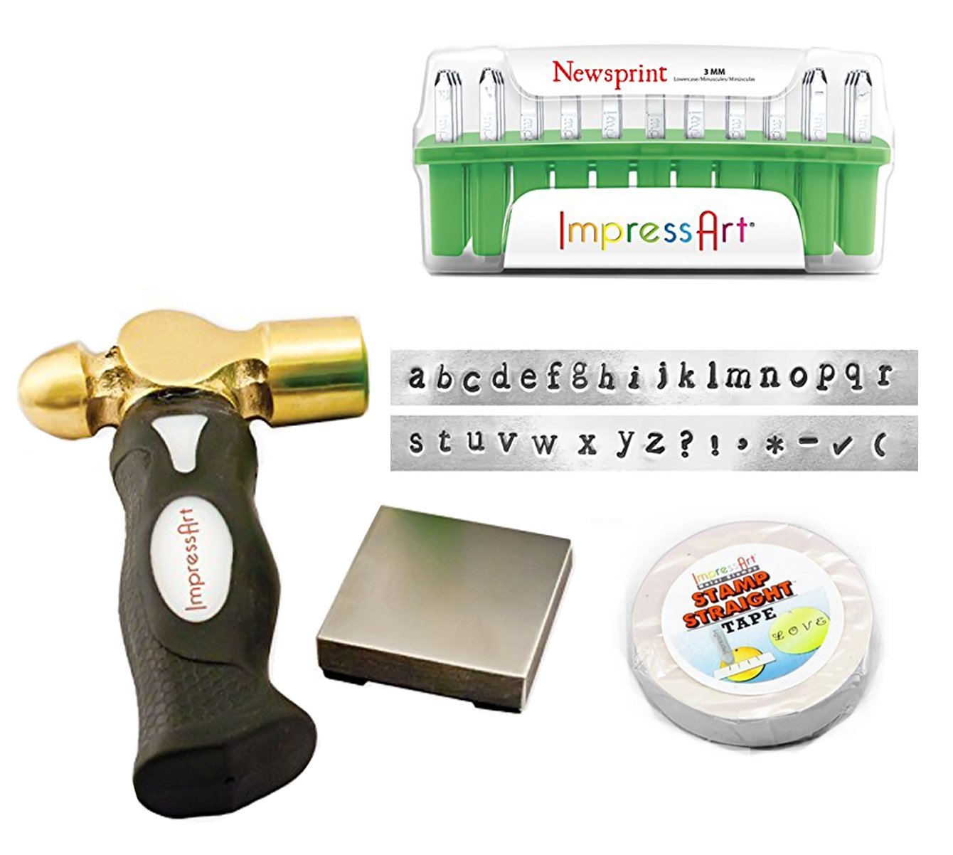 ImpressArt 3mm Metal Stamping Kit - Professional Jewelry Making Tools with Hammer, Steel Block & Stamp Straight Tape (Lowercase Newsprint Style) - Perfect for DIY Bracelets, Necklaces & Personalized Gifts