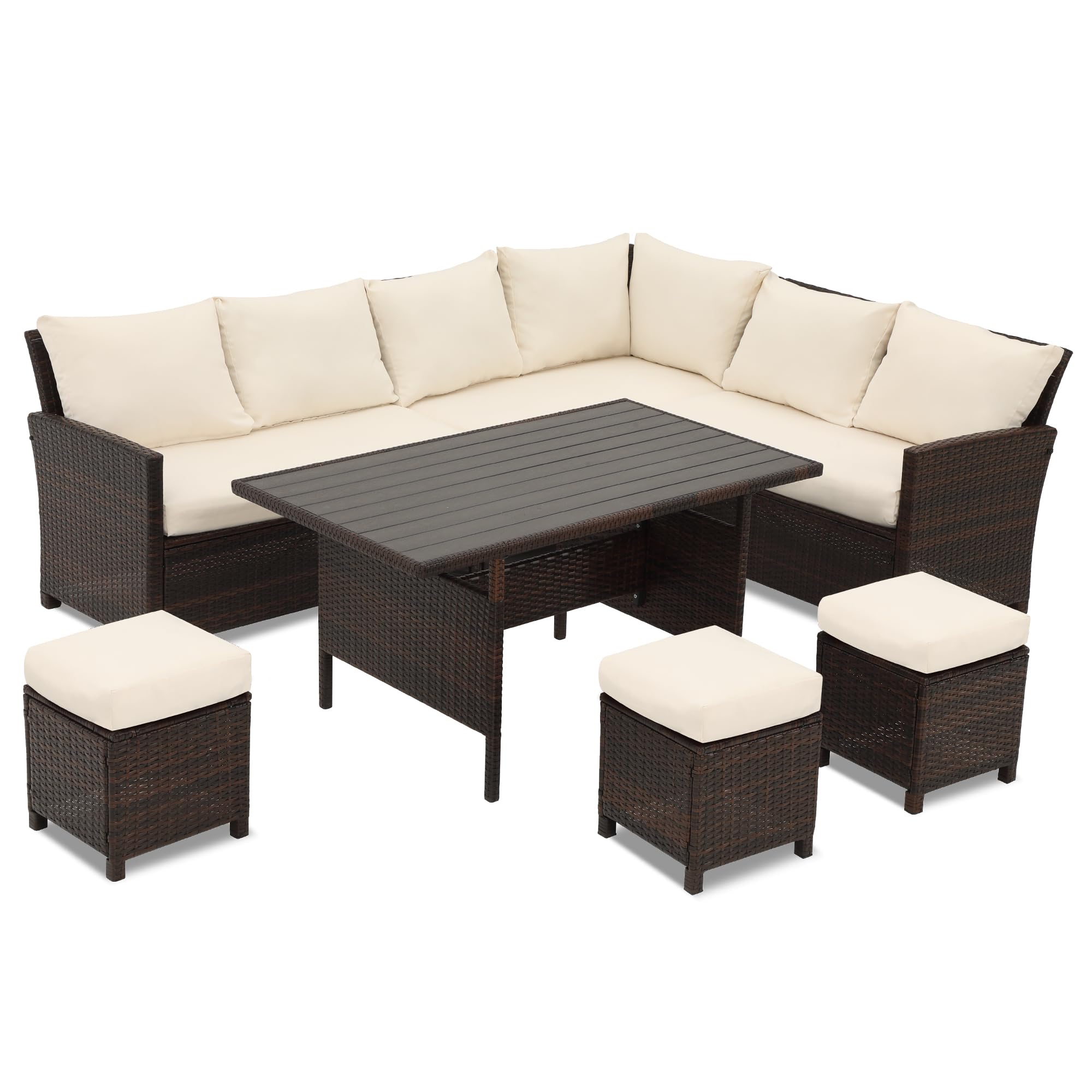 7-Piece Wisteria Lane Patio Furniture Set - All-Weather Wicker Outdoor Dining Sectional Sofa with High Curved Back, Dining Table, Chairs & Ottoman in Ivory | Perfect for Backyard, Garden, Poolside & Outdoor Entertaining