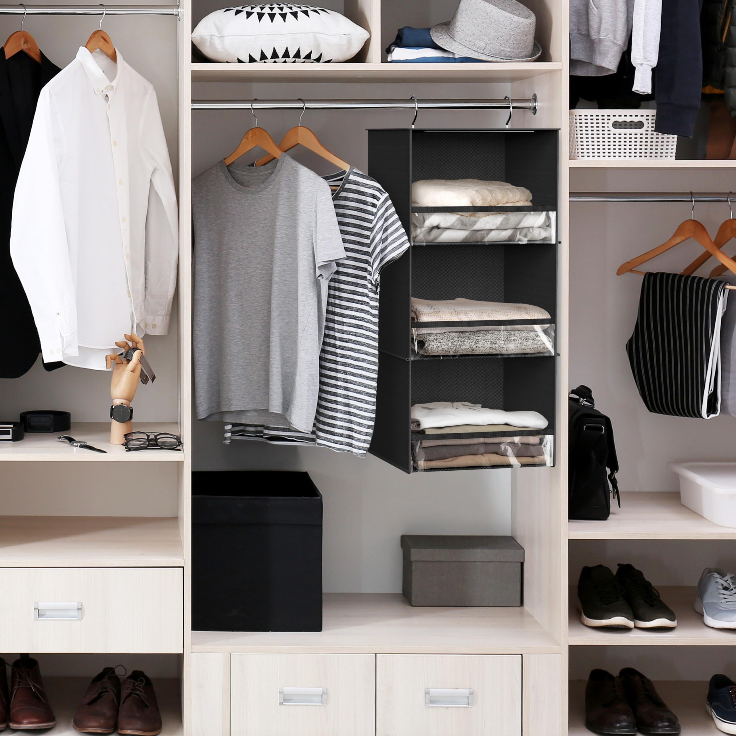Simple Houseware 3-Tier Hanging Closet Organizer with Front Stopper - Space Saving Storage for Clothes, Shoes & Accessories - Perfect for Bedroom, Closet & Dorm Organization (Black)