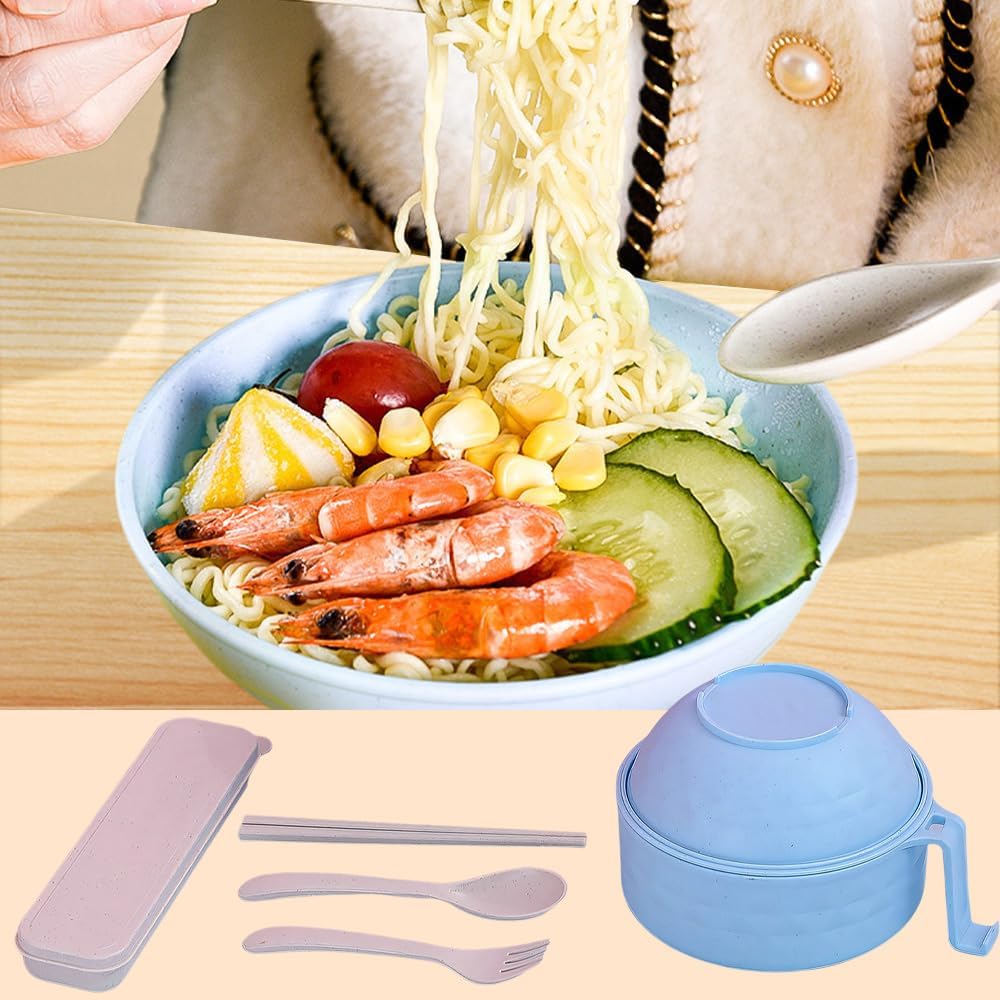 Microwave Ramen Bowl with Strainer & Utensils - Portable Noodle Cooker for Soup, Salad - Blue