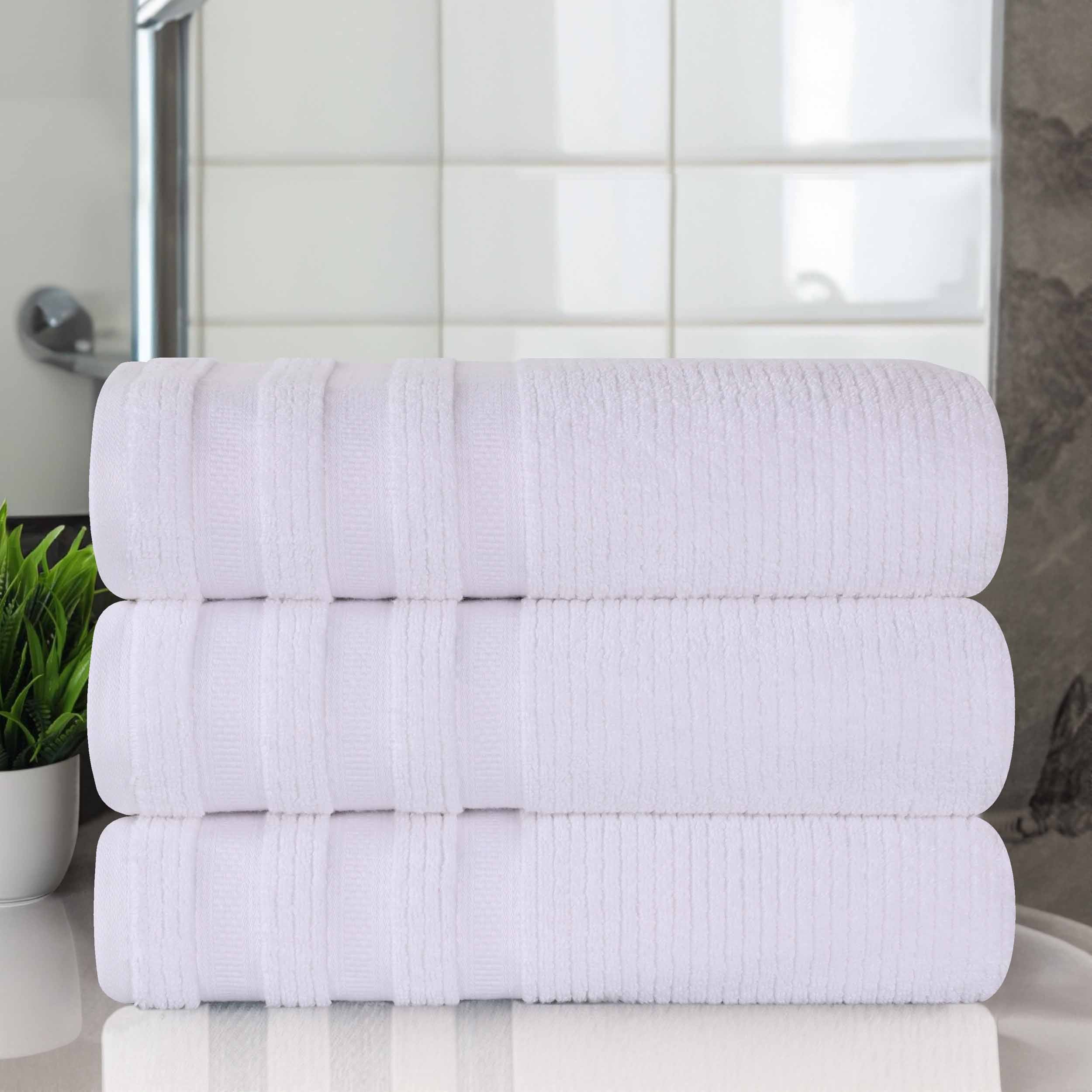 Premium Zero Twist Cotton Ribbed Geometric Border Plush Bath Towel Set of 3 - Ultra Soft & Absorbent, Luxury Spa & Bathroom Essentials for Home, Hotel, Gym