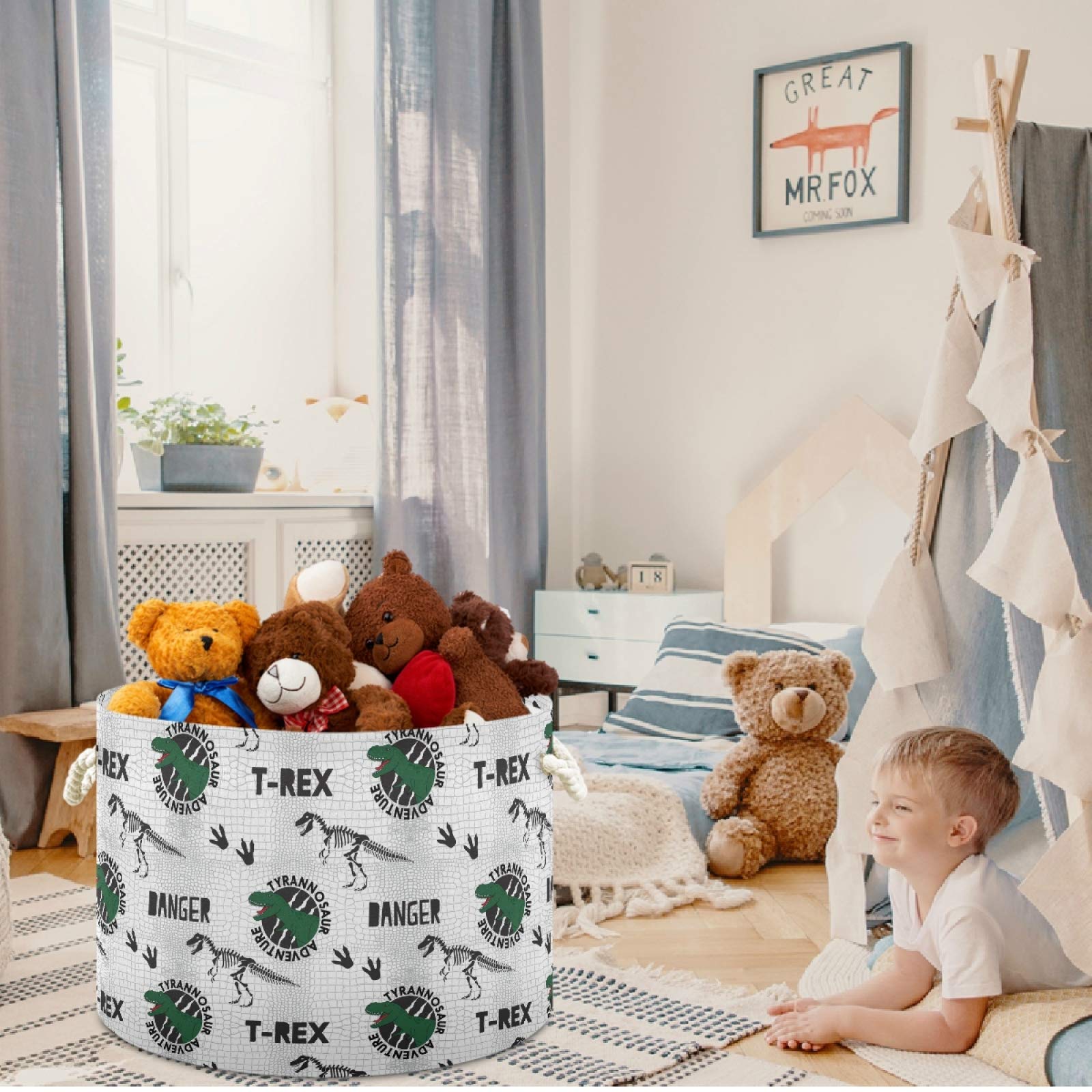 Dino Danger Animal Nursery Storage Basket - Canvas Fabric Toy Organizer Bin for Kids Room, Playroom, Shelves & Laundry | Perfect for Toy Storage, Baby Clothes & Gift Giving