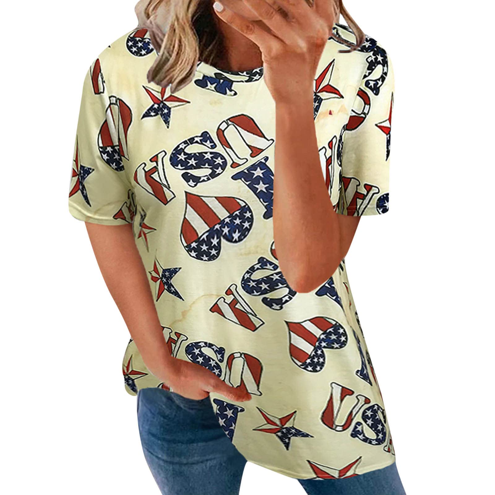 Women's Floral Short Sleeve Shirt - Round Neck Blouse for Independence Day & Summer - Casual Tops for Women's Outfits, Work, Parties & Outdoor Activities