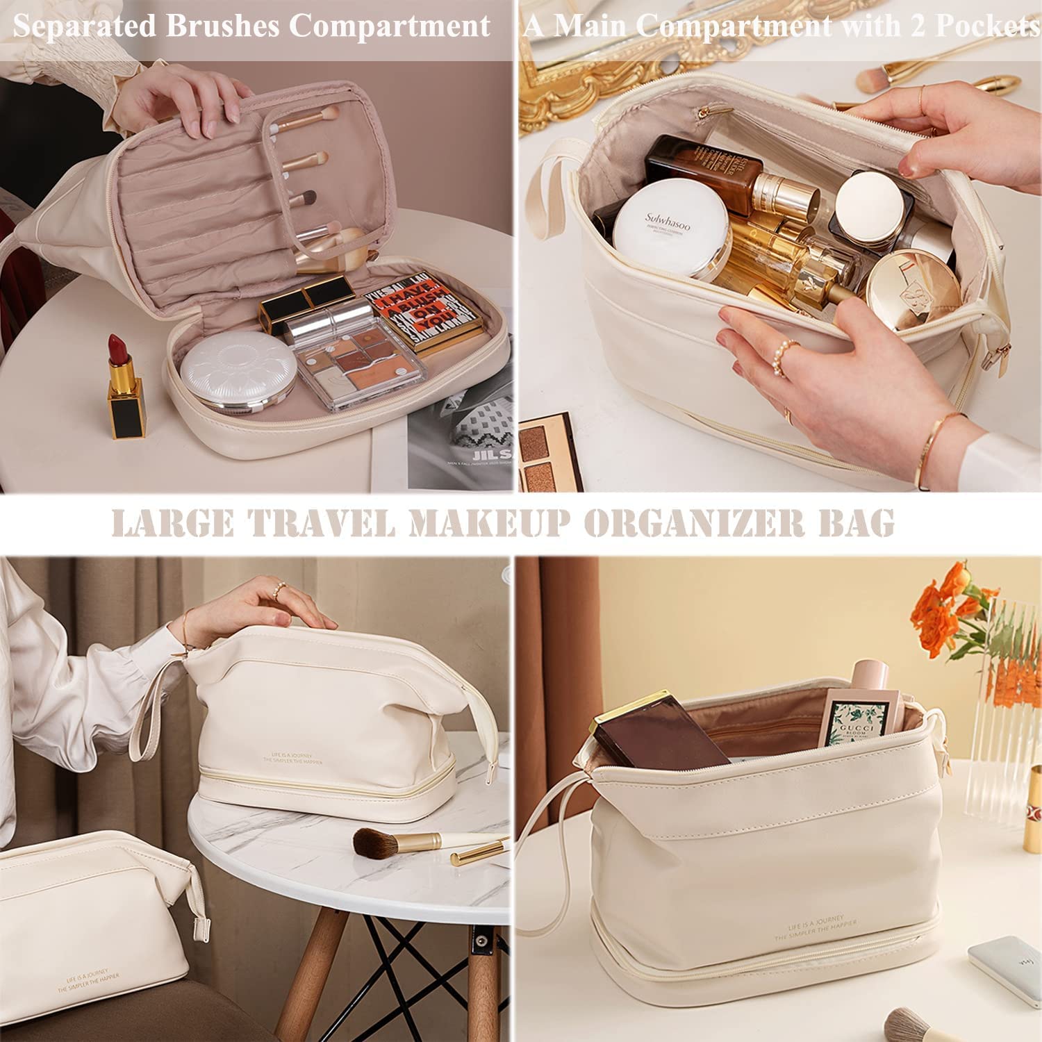 Double Layer Leather Makeup Bag for Women - Large Capacity Travel Toiletry Organizer (25cm, White) - Perfect for Cosmetic Storage, Business Trips & Vacation Essentials