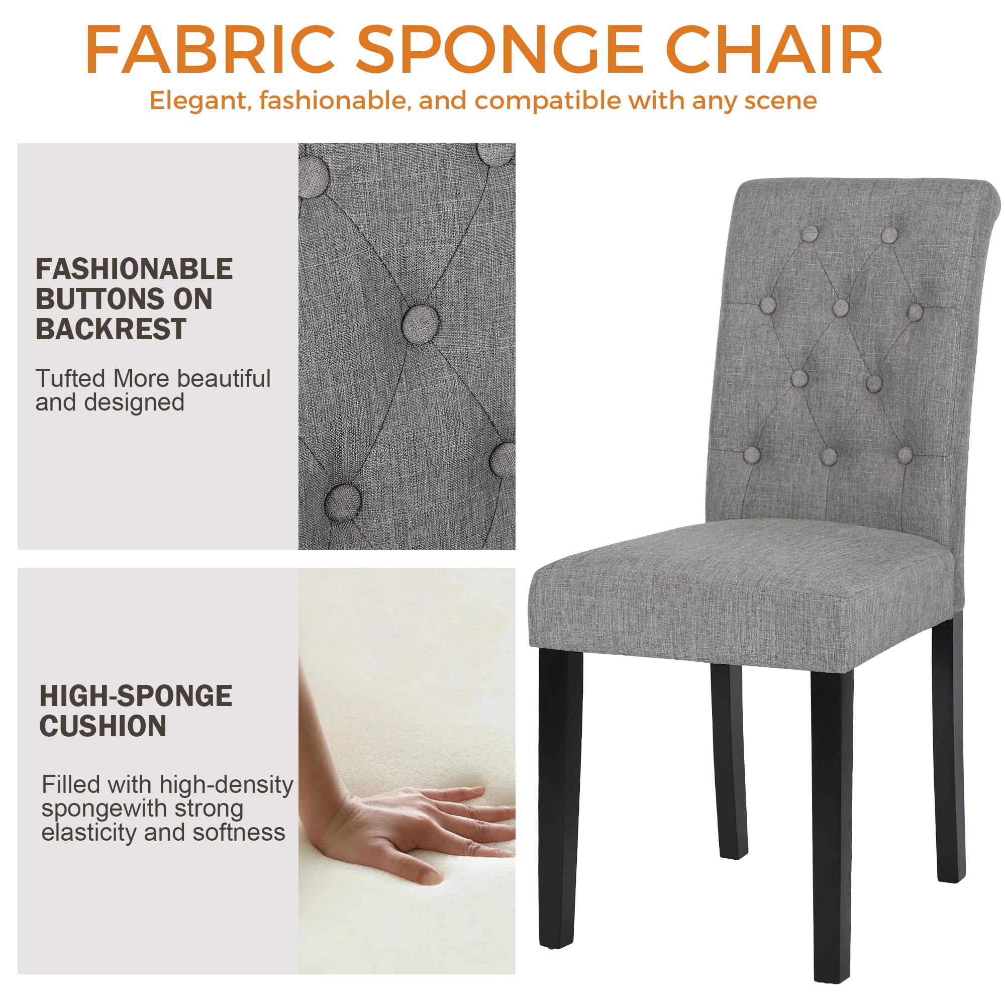 2 Pack Gray Upholstered Fabric Dining Chairs with Button-Tufted Back - Modern Living Room & Kitchen Chairs for Home, Restaurant, or Office Use