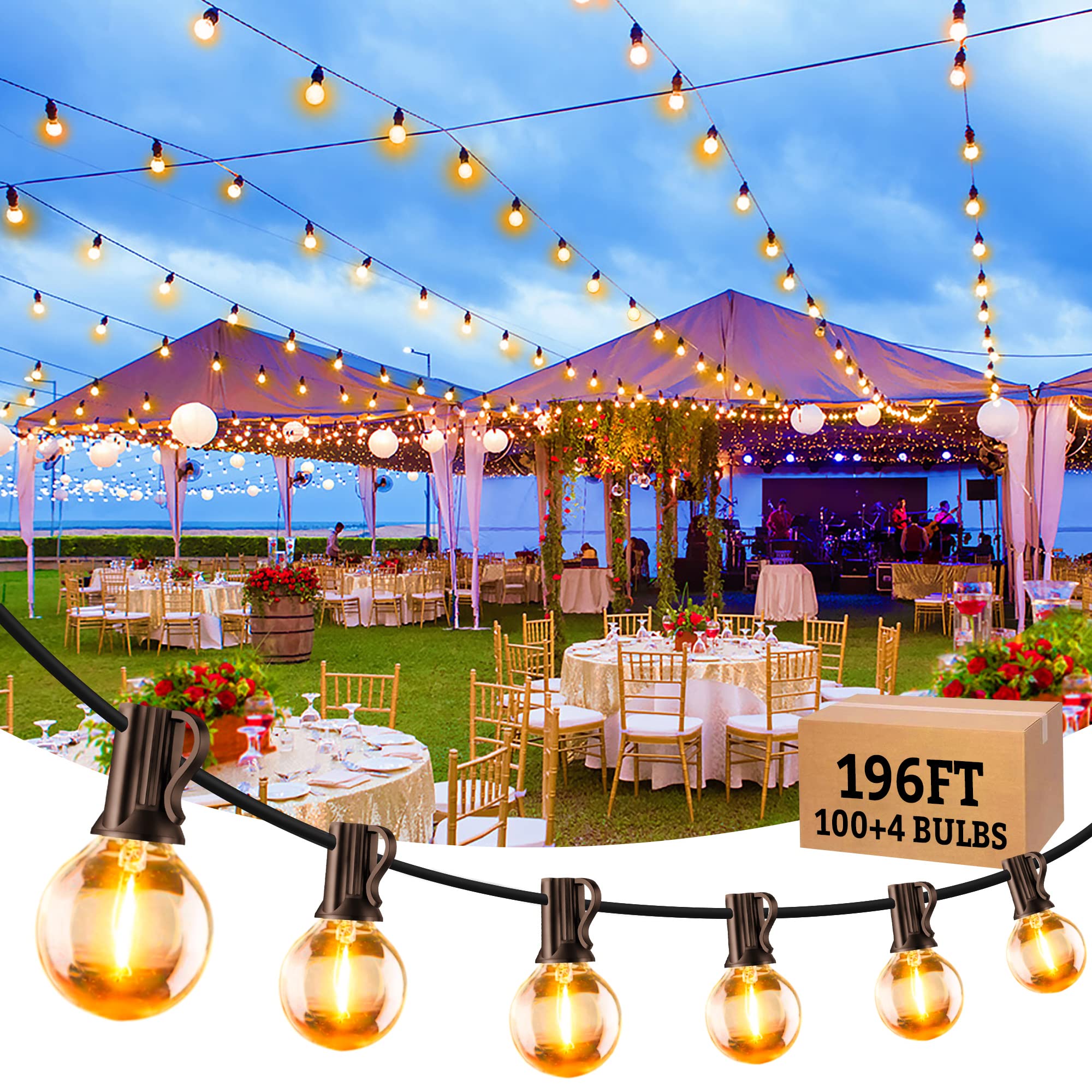 196Ft Outdoor LED String Lights - 100 Shatterproof G40 LED Bulbs (4 Spare Included), Waterproof Connectable Patio Lights for Party, Porch, Backyard, Garden, Bistro & Wedding Decorations