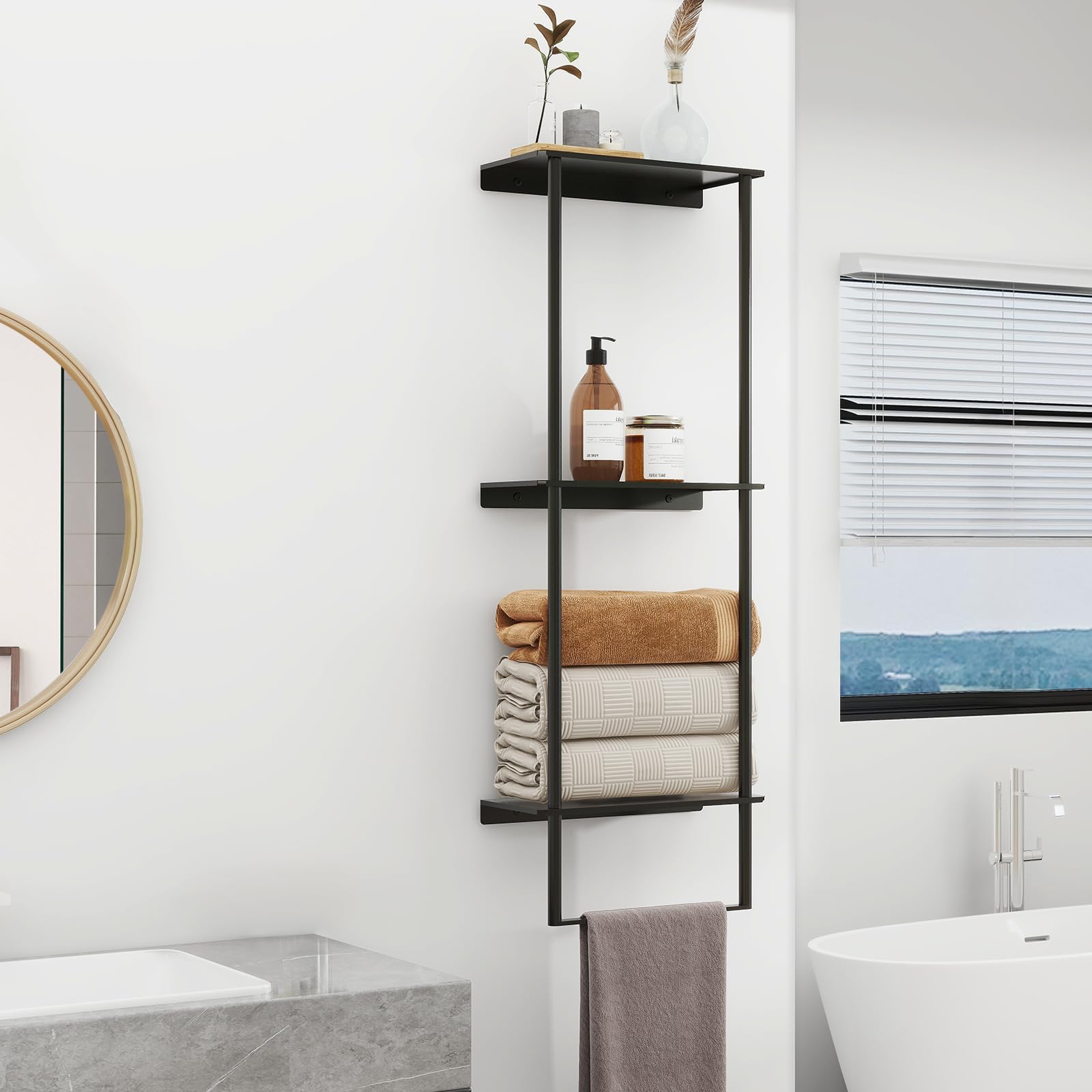 3-Tier Wall Mounted Bathroom Towel Rack with Shelf & Towel Bar - Space-Saving Towel Organizer for Bath, Shower & Spa (Matte Black) - Perfect for Small Bathrooms & Vanity Areas