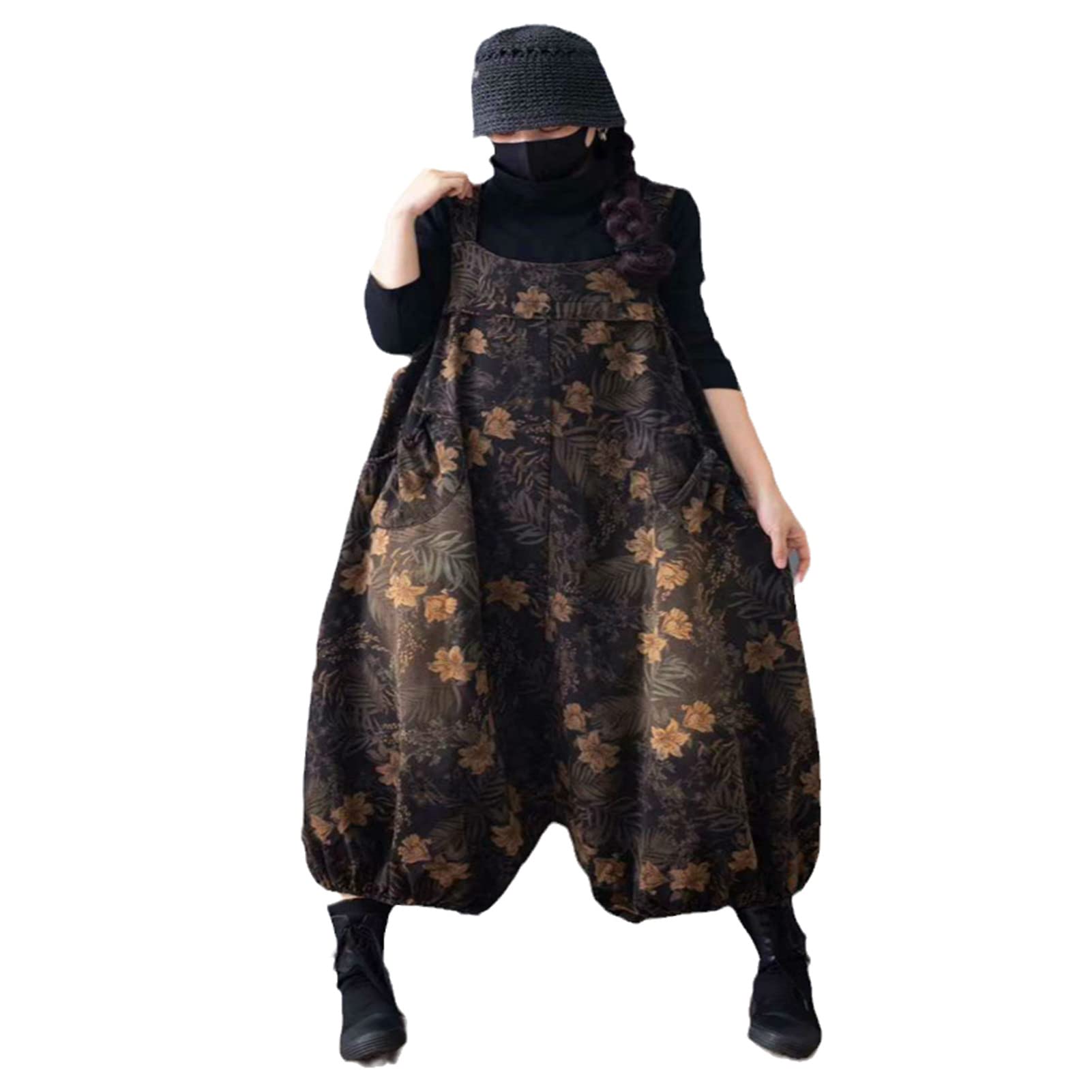 Korean Streetwear Women's Floral Printed Black Jeans - Oversize Denim Overalls High Waist Harem Pants for Casual Wear, Street Style & Fashion Outfits