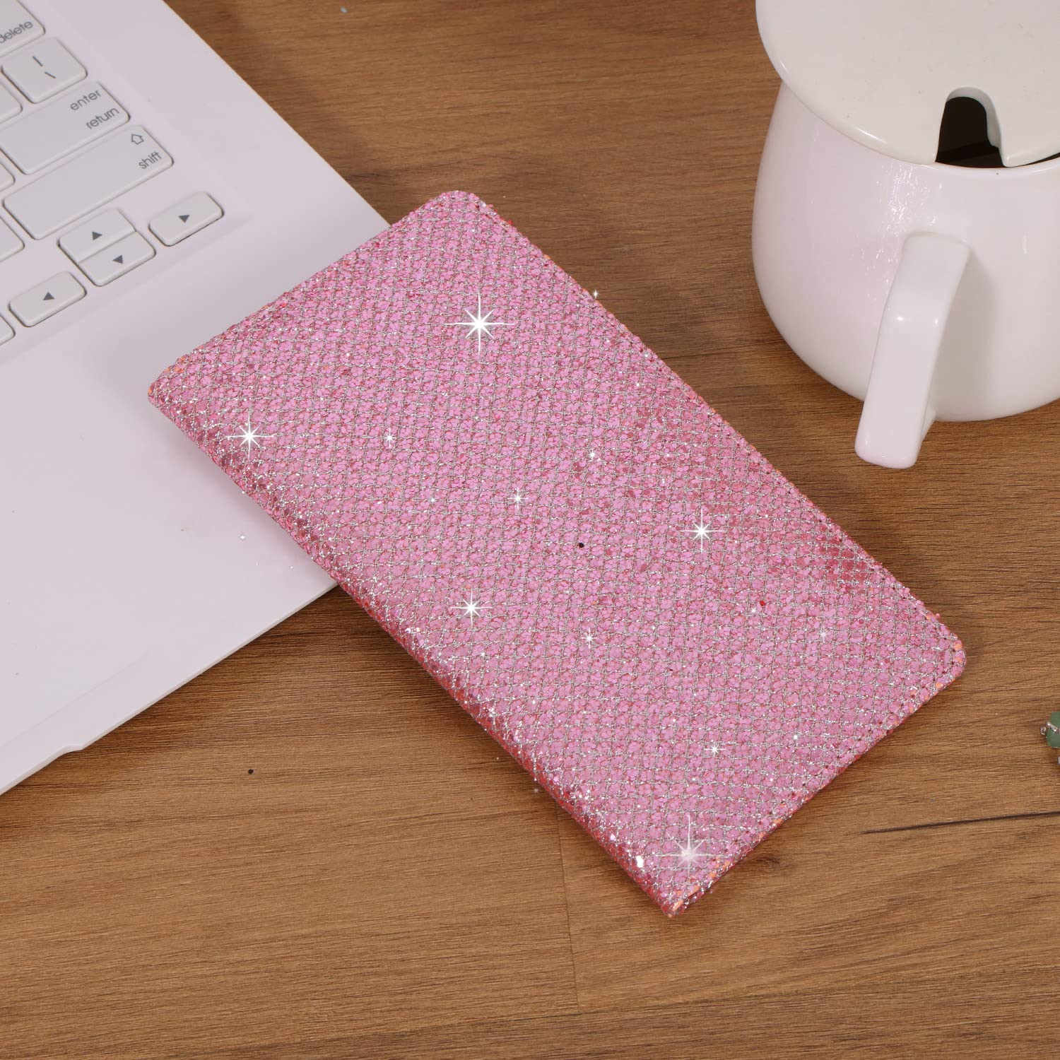 Sparkly Rhinestone Checkbook Cover for Women - Shiny Diamond Pattern RFID Blocking PU Leather Checkbook Holder with Pen Loop & Card Slots - Perfect for Organizing Personal Checks, Bills & Receipts (Pink)