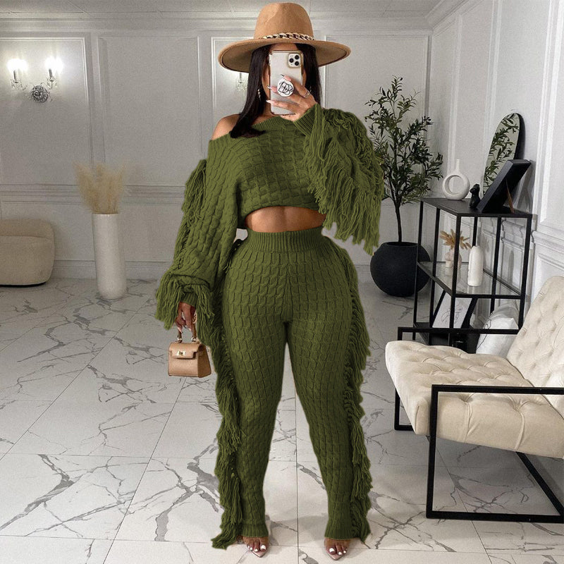 Solid Color Knitted Long Sleeve Fringe Suit - Women's Elegant Loungewear for Home, Office & Special Occasions