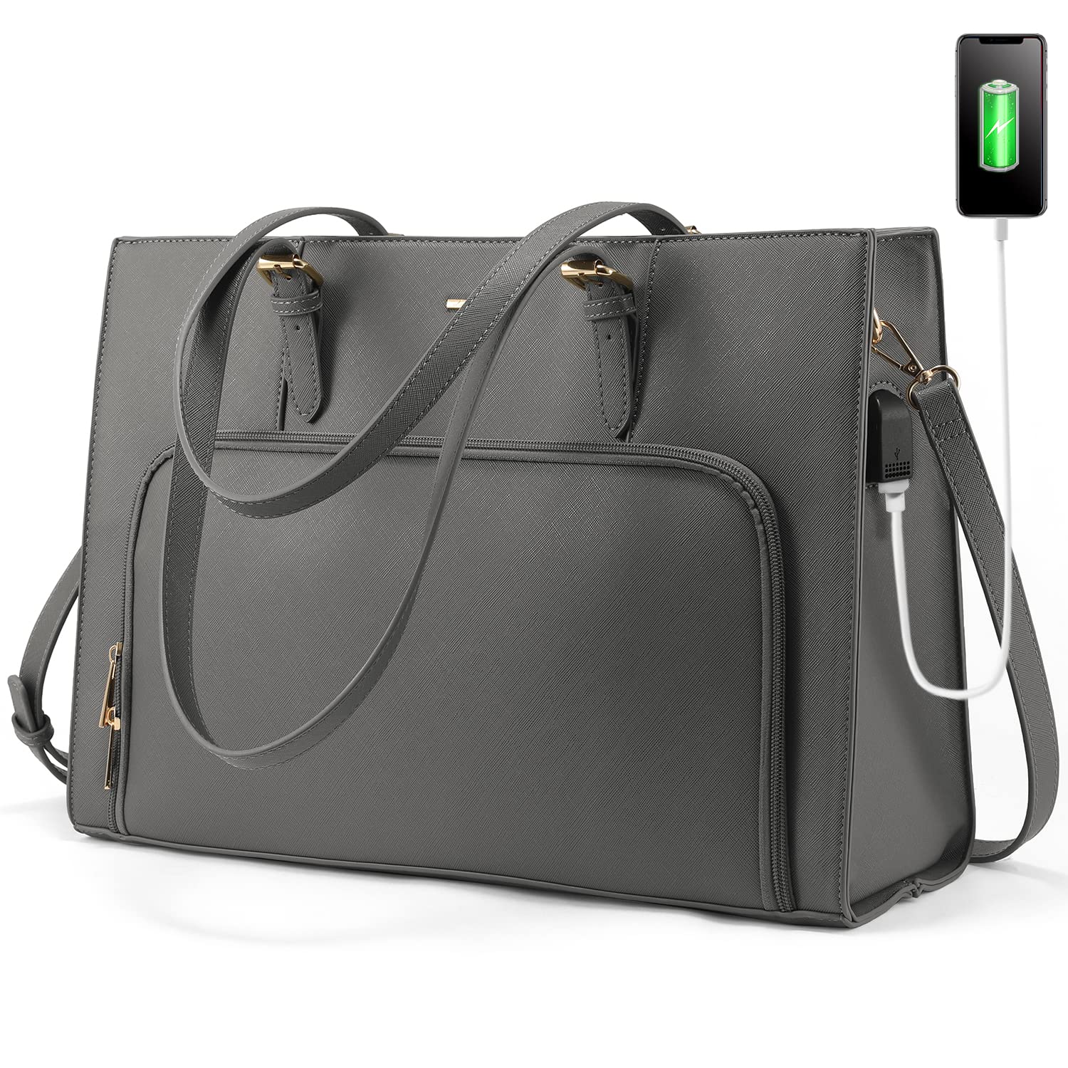 LOVEVOOK 15.6 Inch Waterproof Laptop Bag for Women - PU Leather Work Tote Briefcase with USB Charging Port, Professional Business Shoulder Bag for Travel, School & Office Use