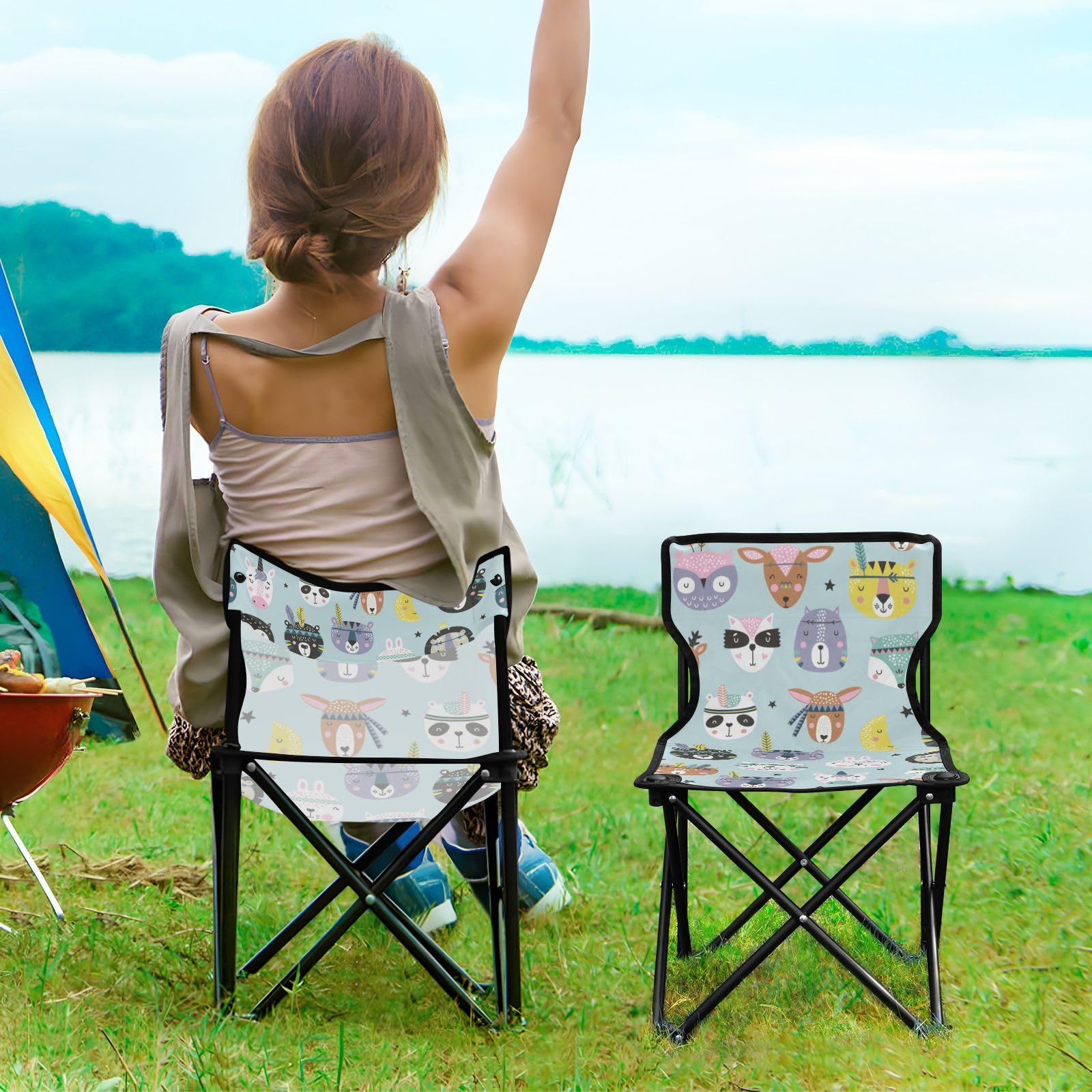 Portable Camping Folding Chairs - Lightweight Foldable Outdoor Chairs for Backpacking, Fishing & Picnics | Compact Boho Style with Tribal Animal Print | Perfect for Beach, Camping & Backyard Relaxation