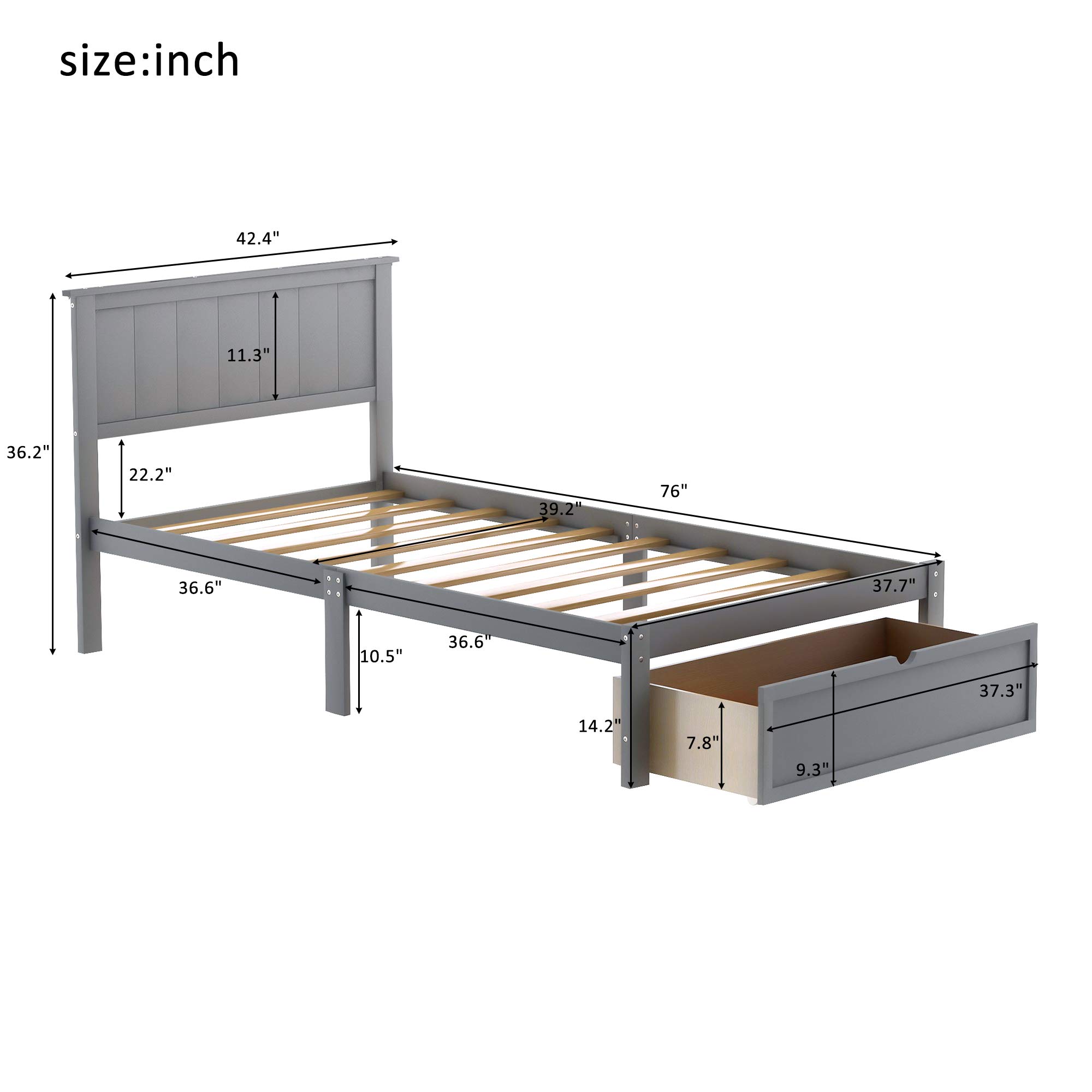 Knocbel Twin Bed Frame with Headboard & Under-Bed Storage Drawer - Solid Wood Platform Bed with 10-Slat Support System (300lbs Capacity, Gray) - Perfect for Small Bedrooms, Guest Rooms & Kids' Rooms