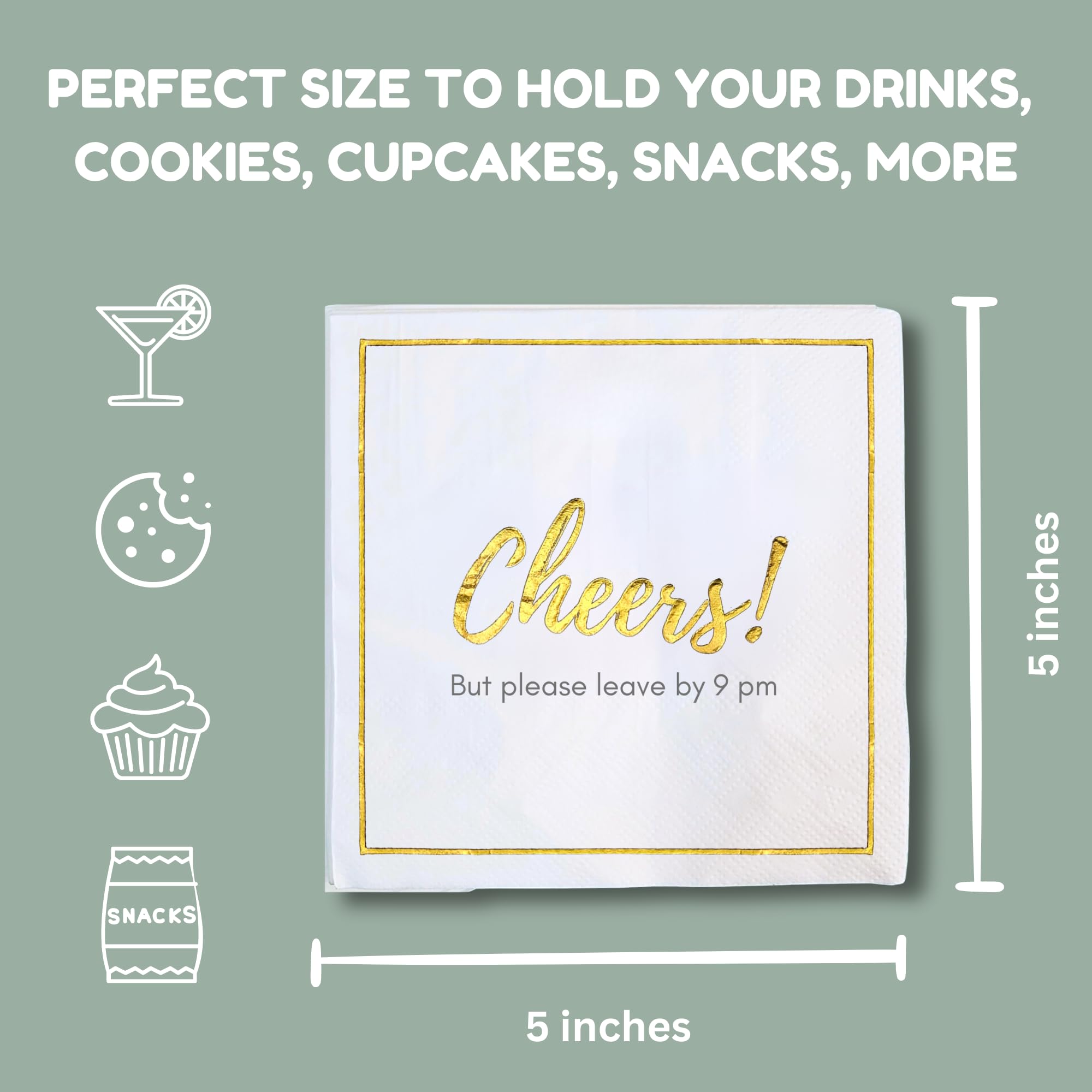 Funny Disposable Cocktail Napkins 50-Pack - 'Please Leave By 9' Cheers Napkins for Weddings, Parties, Birthdays & Holidays - Perfect for Bar Decor, Bridal Showers & Cocktail Receptions